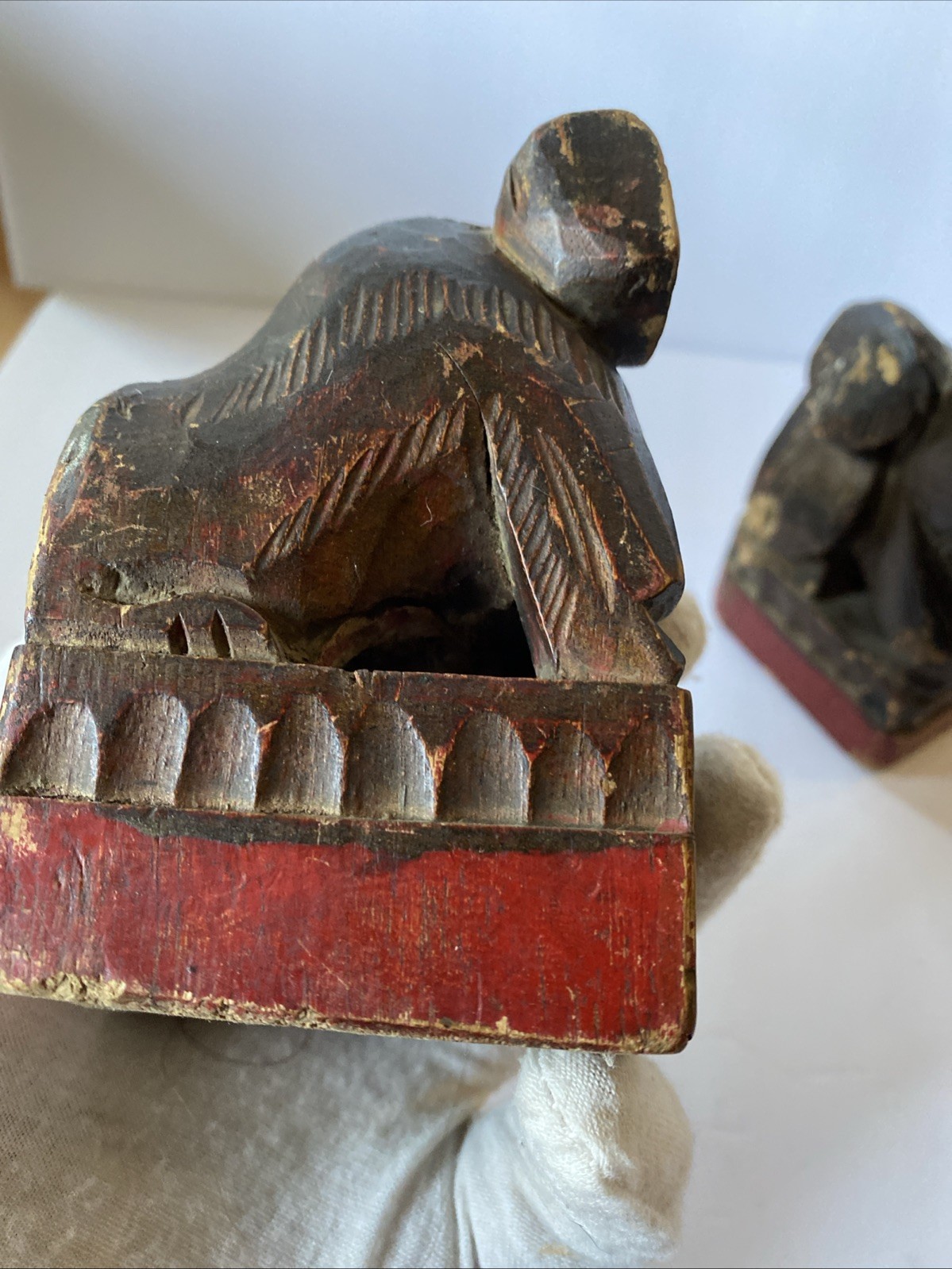 Pair Antique Chinese Hand Carved Wood Foo Dog Creature Statue Rattle