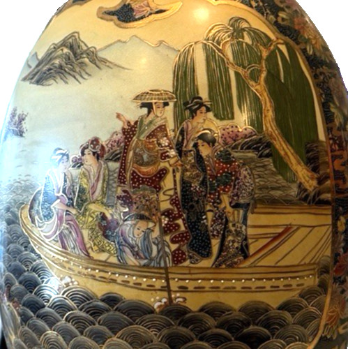 Vtg Satsuma Large Ceramic Egg Gold Trim Geisha Boat Landscape Hand Painted 18″