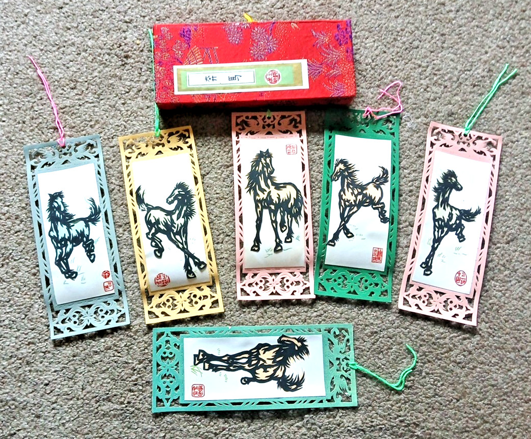 6 VTG CHINESE PAPER BOOKMARKS CUTOUTS HORSES NOS OPENWORK ORIGINAL FABRIC BOX