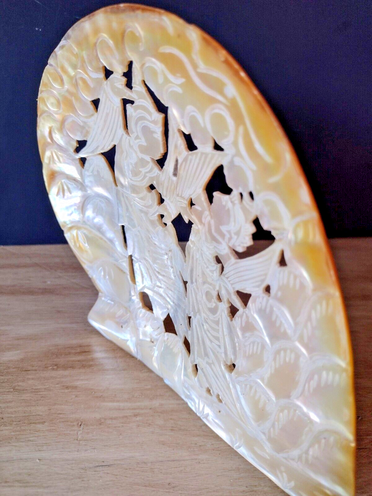 Hand Carved Mother of Pearl Shell Plaque Asian Dancer Abalone Seashell Carving 5
