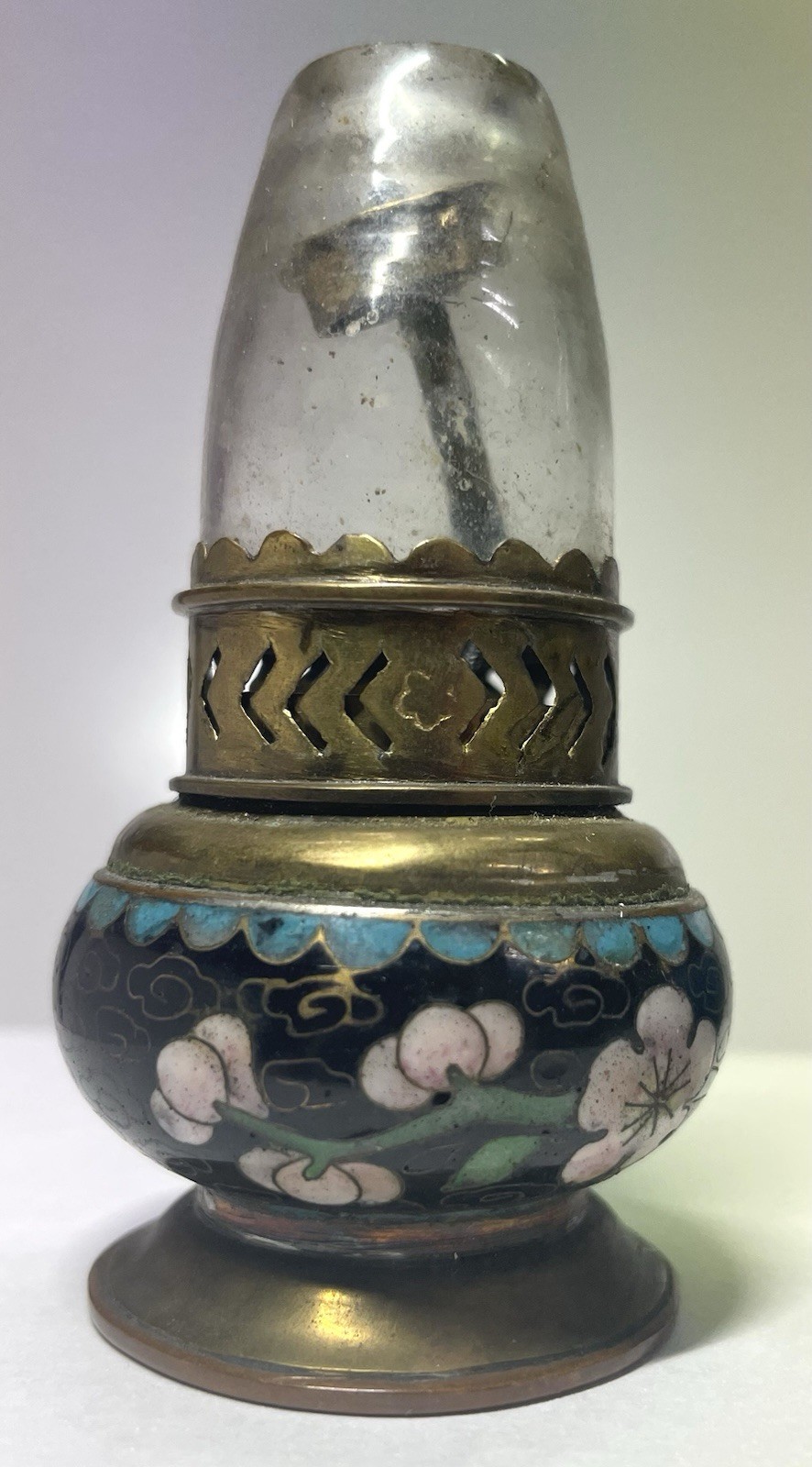 Vintage Cloisonne Enamel Mini Oil Lamp Pair Hong Kong Brass Glass Chimneys