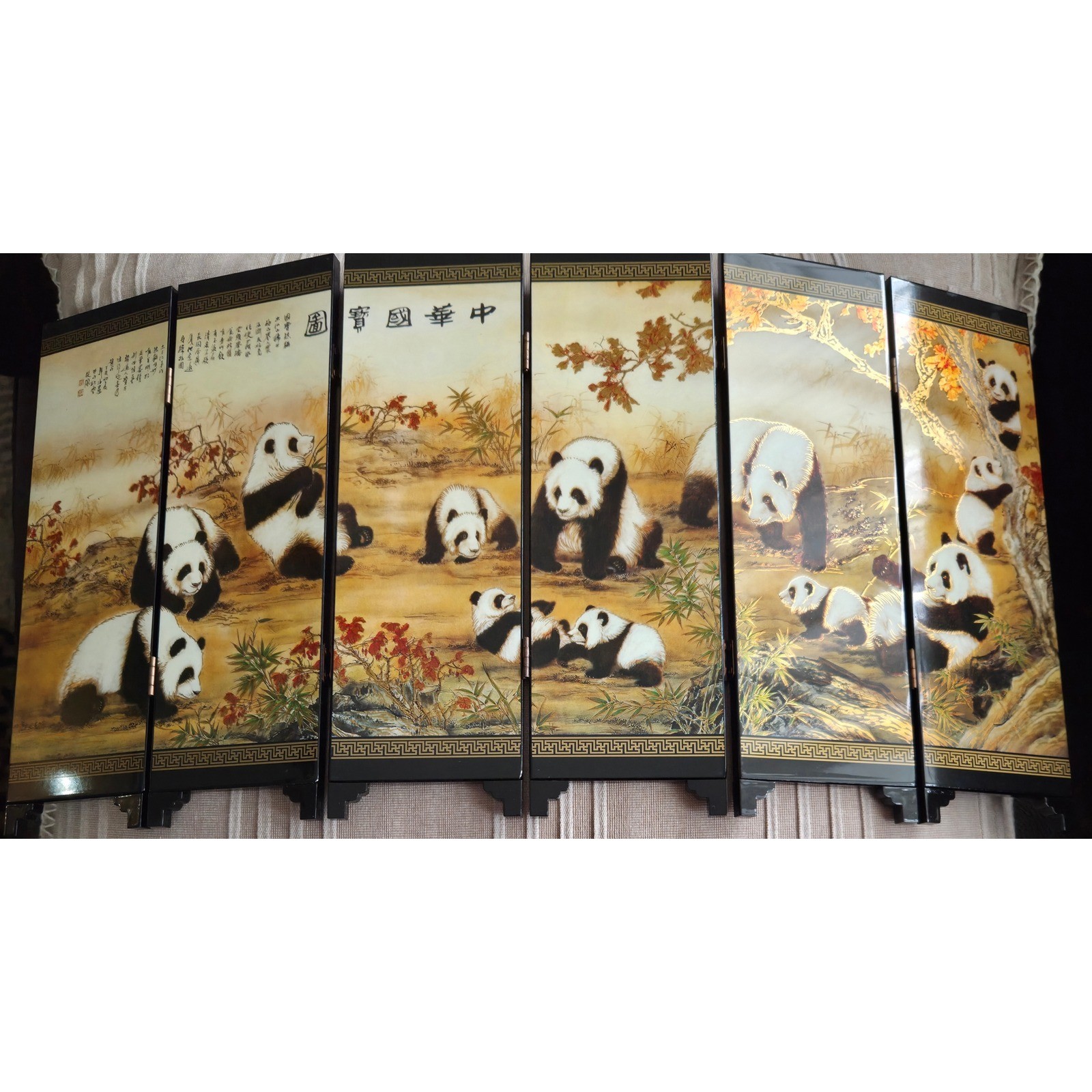 Vintage Chinese Lacquer 6 Panel Folding Mini Screen Panda Black Gold 9.5in x18.5