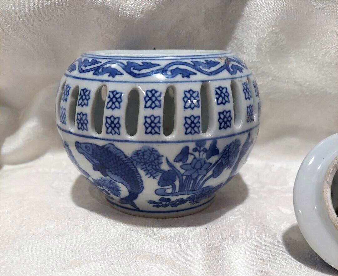 Beautiful Asian Incense Burner Blue & White Koi Fish Design 4″ in Diameter
