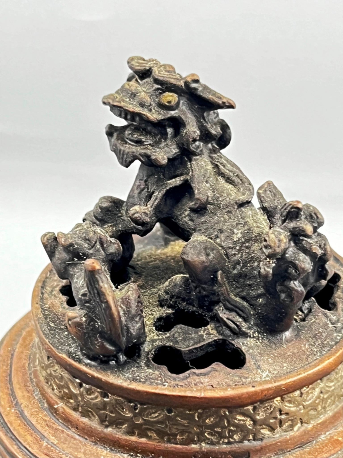 Antique Chinese Metal Bronze Brass Foo Dog Lion Ornate Incense Burner