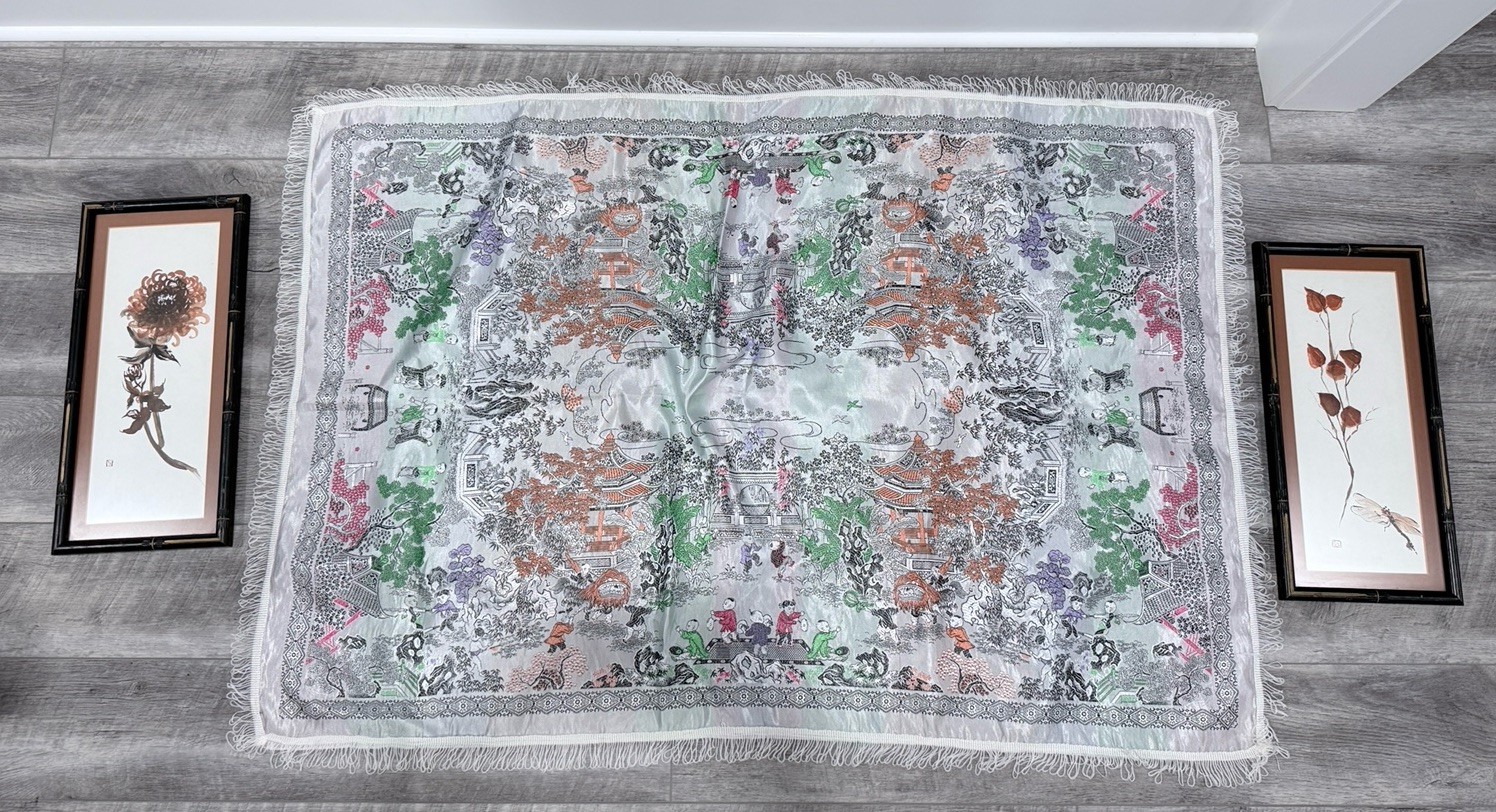 Vintage Chinese Silk Brocade Machine Woven Tablecloth 52”X34” & Watercolor Art