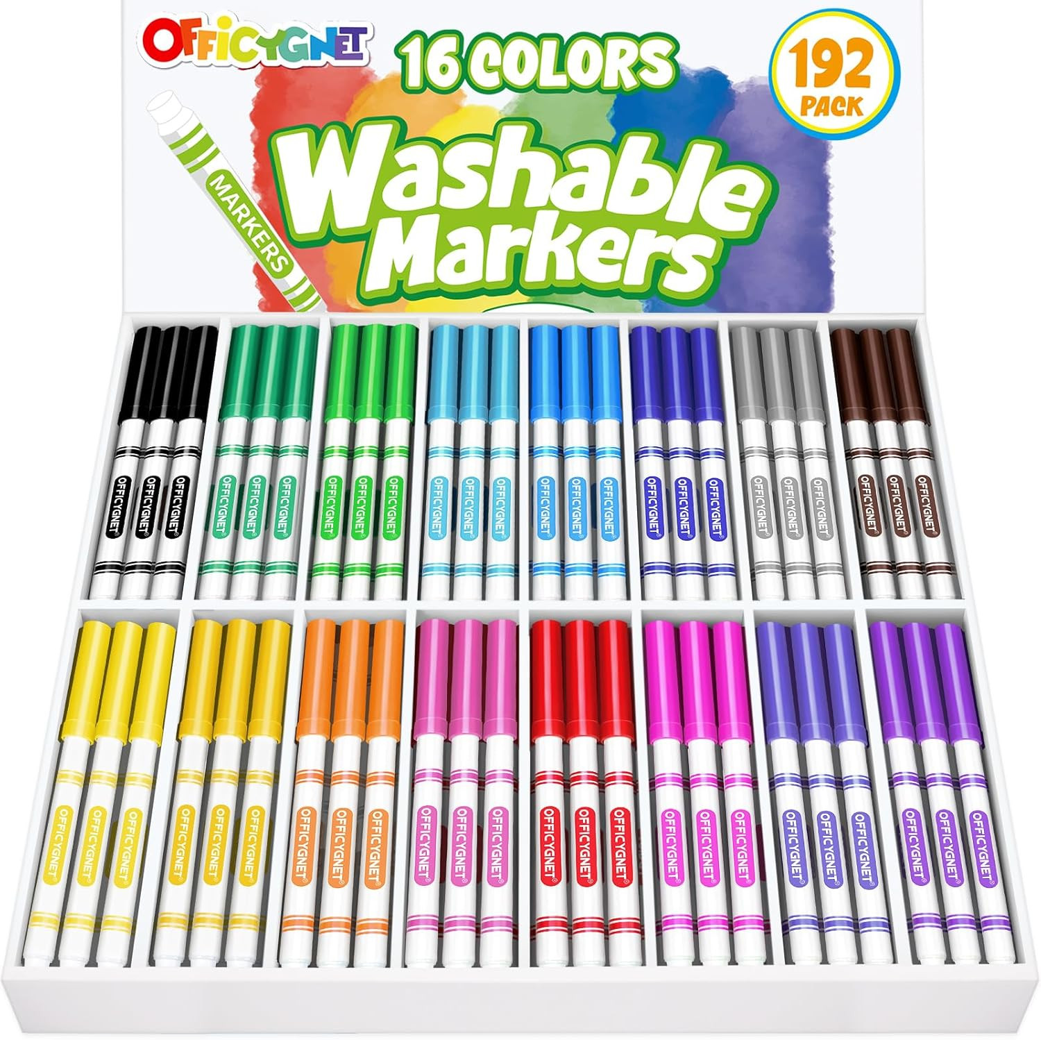 192 Count Washable Markers Bulk, 16 Assorted Colors, Conical Tip with Fine & Bro