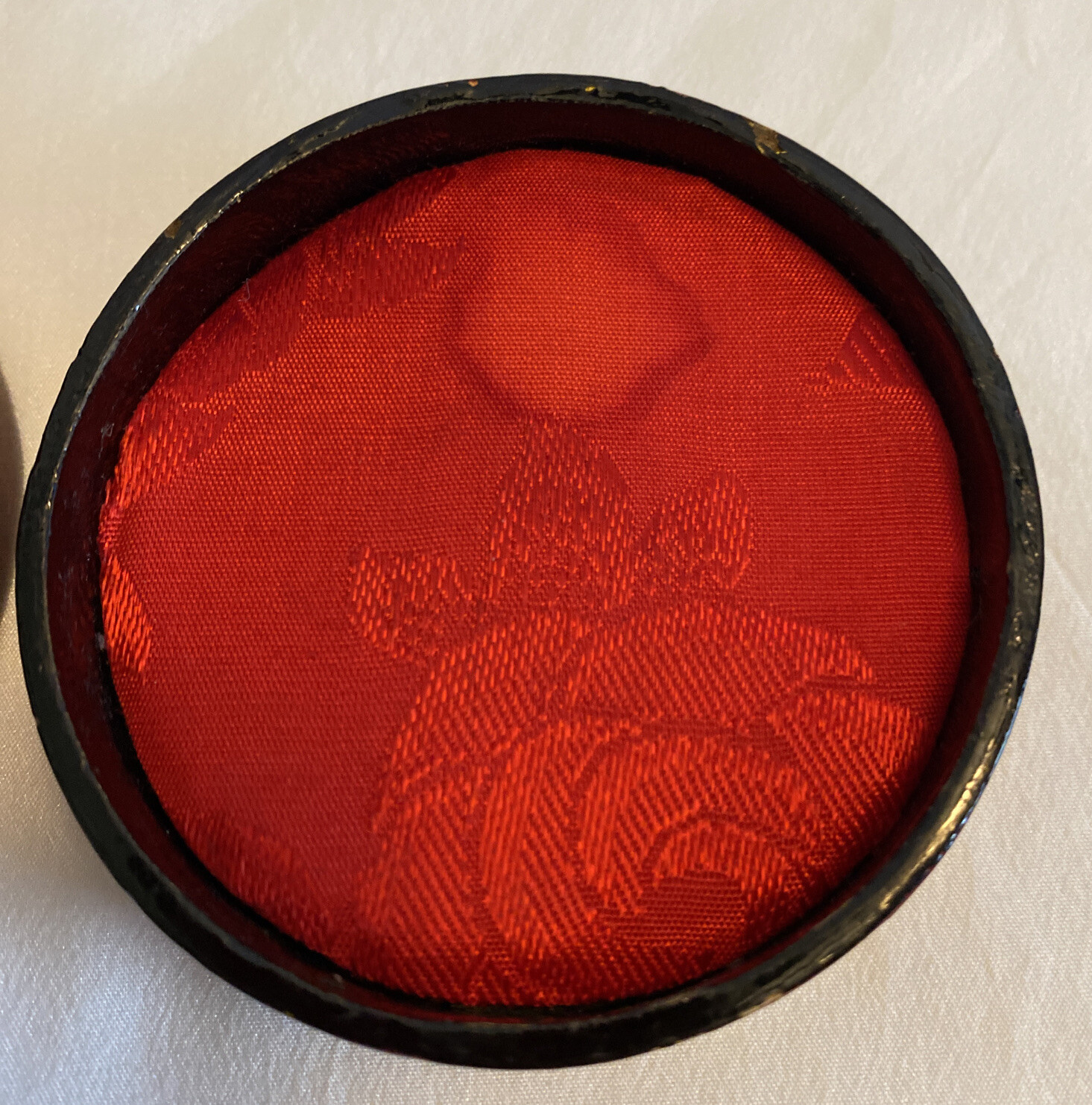 Vintage Wooden Trinket Box with Carved Cork Inlay in the Lid Lined with Red Silk