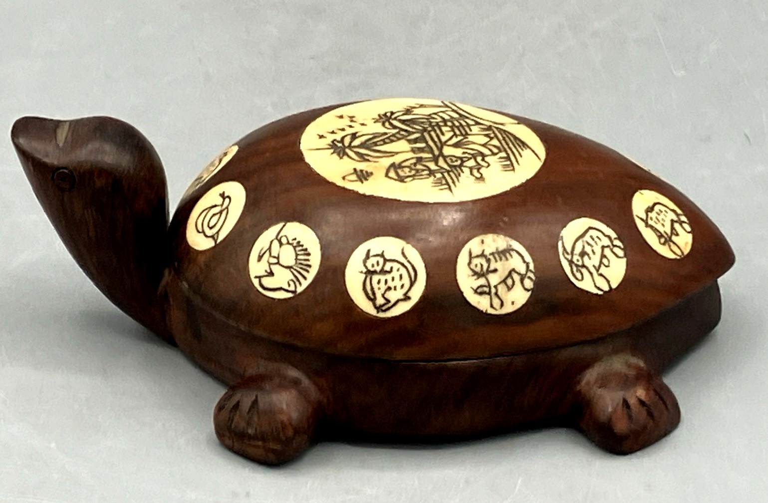 Vintage Chinese Carved Wooden Turtle Compass Case Zodiac Signs Inlay