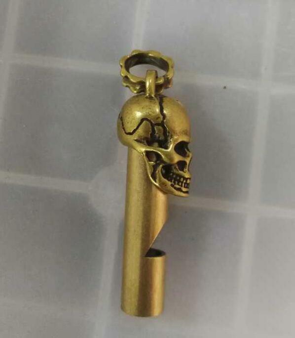 Old Chinese archaize brass copper handmade skull head whistle key ring