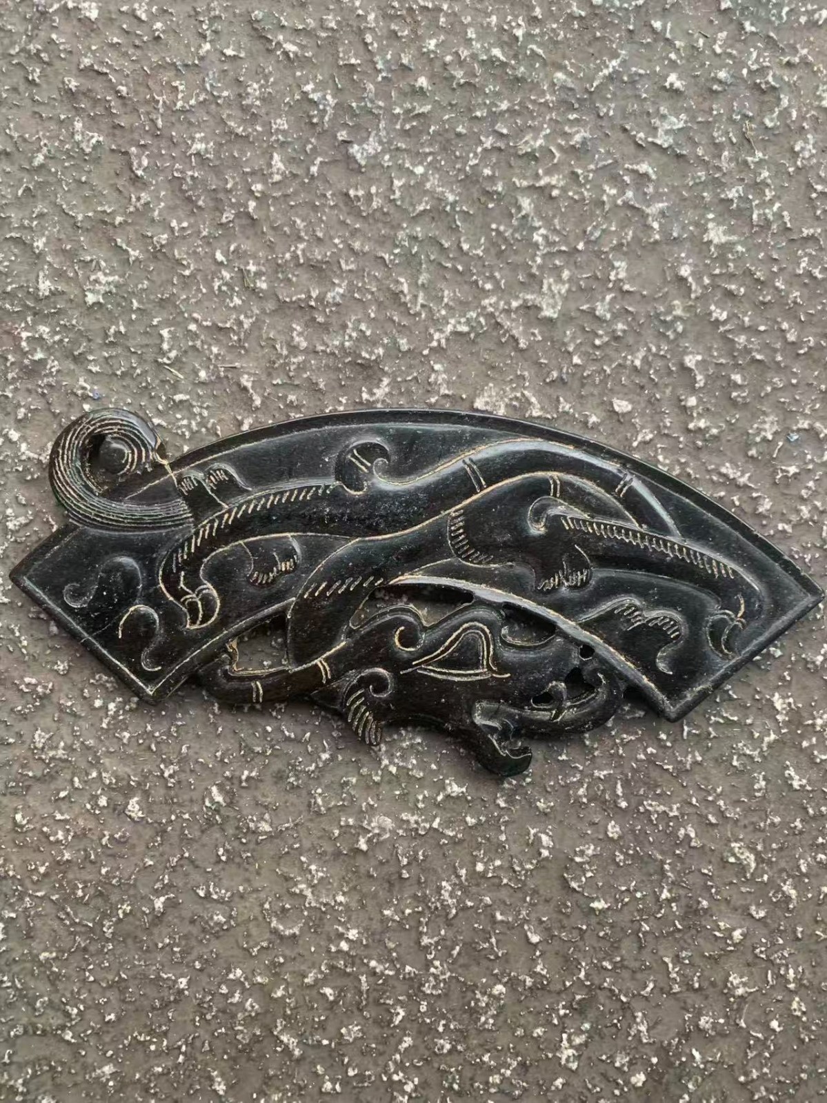 6.7 Inch Chinese Old Black Jade Hand Carved *Dragon Huang* 2Faces Plaque