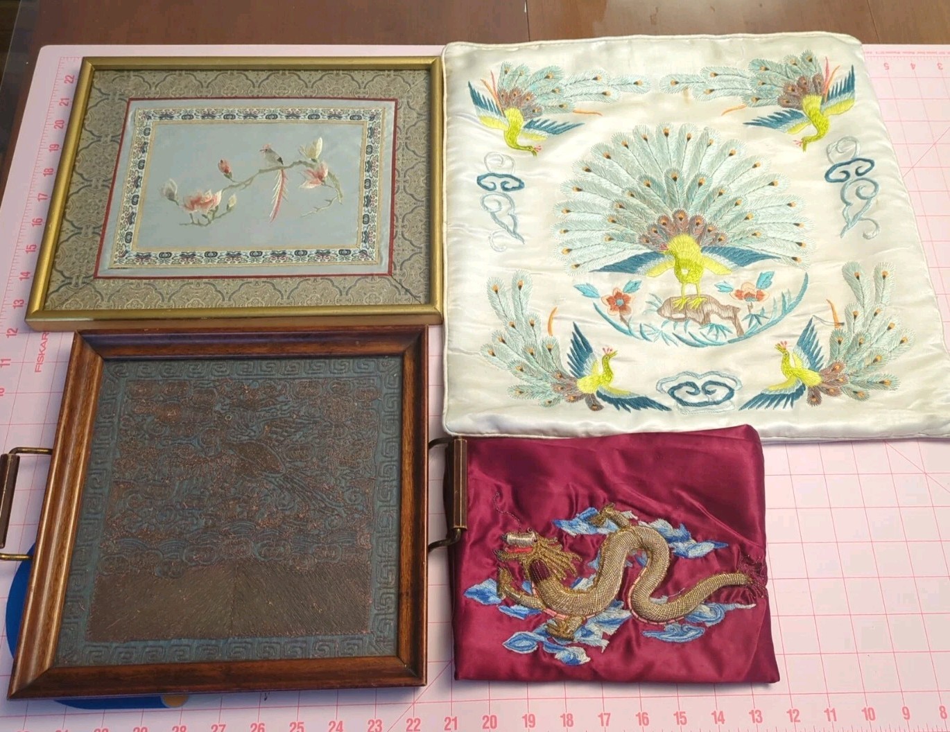 Antique Tray, Silk & Gold Thread Dragon, Framed Silk Panel