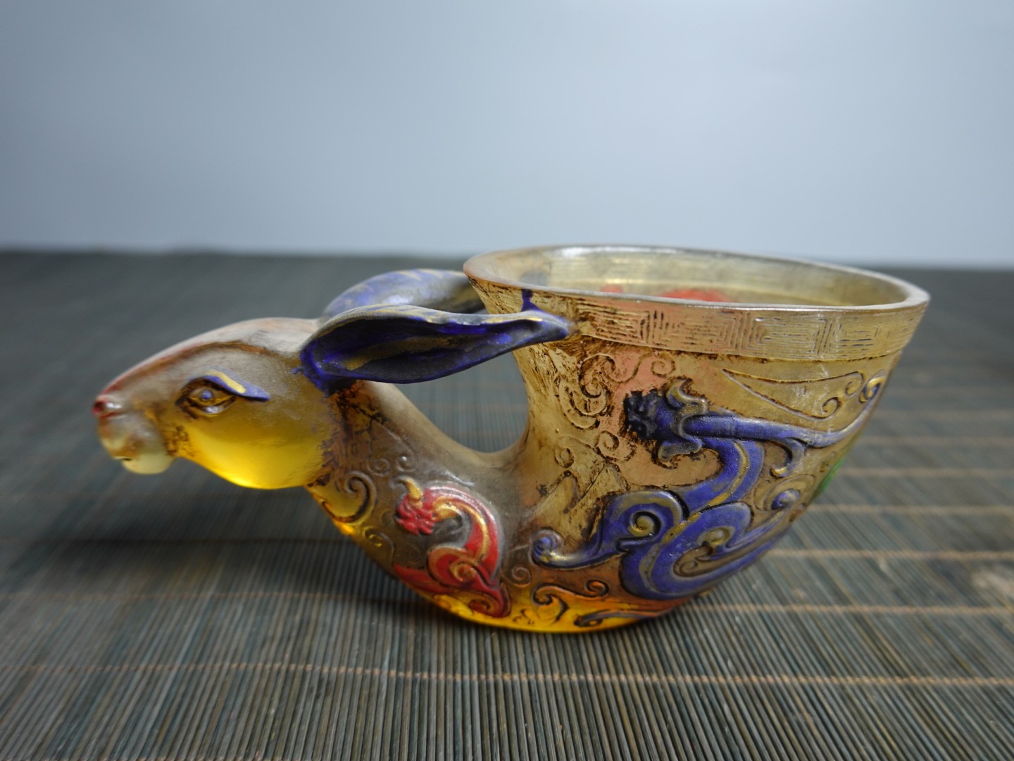 5.5″ Collect China Coloured Glaze Painted Cloud Dragons Rabbit-head Holding Cup