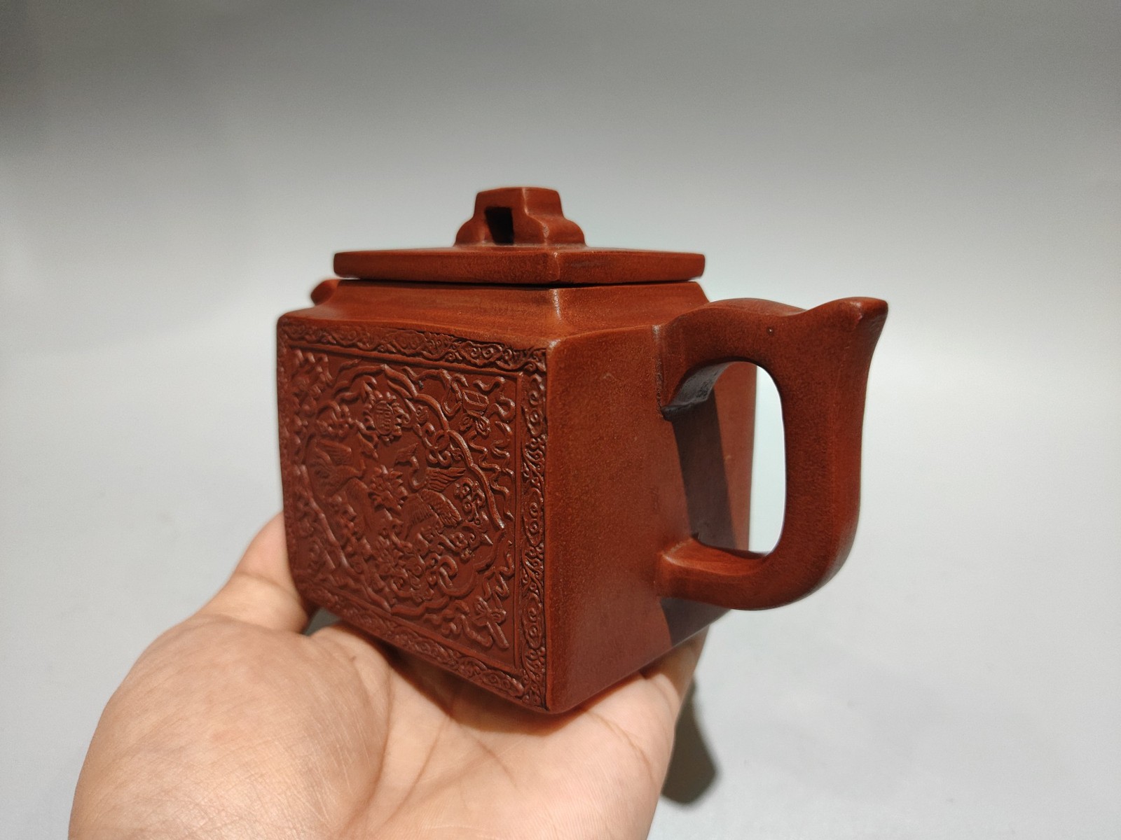5.9″ Chinese Yixing Zisha Pottery Red Clay Double Crane Longevity Relief Teapot