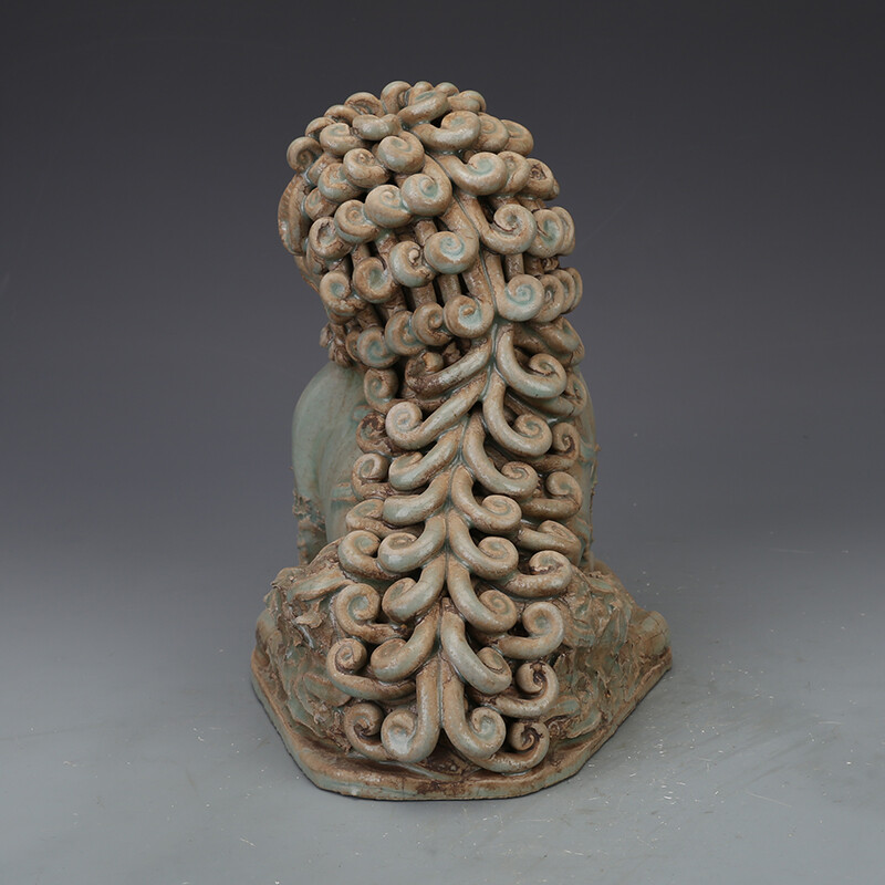 8.2″ Collect China Lavender Grey Glaze Porcelain Foo Fu Dog Guardion Lion Statue