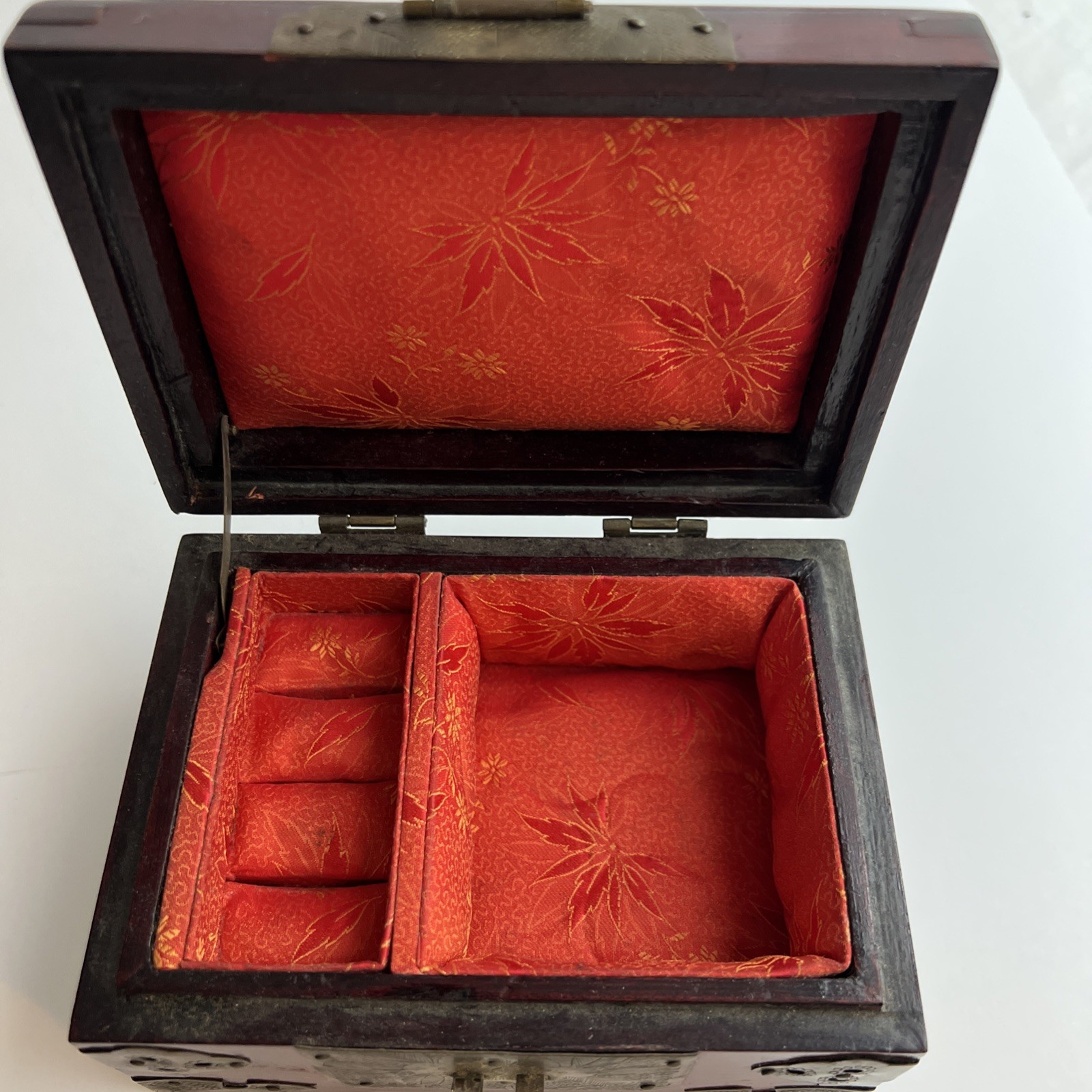 Rare Vintage Chinese Mahogany Jewel Box Chased Brass Accent Lock Jade Medallion