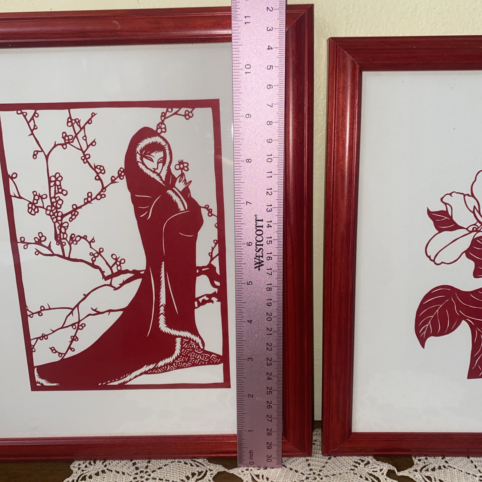 Vintage Chinese hand cut paper cutouts professionally framed Set 2 Red & White