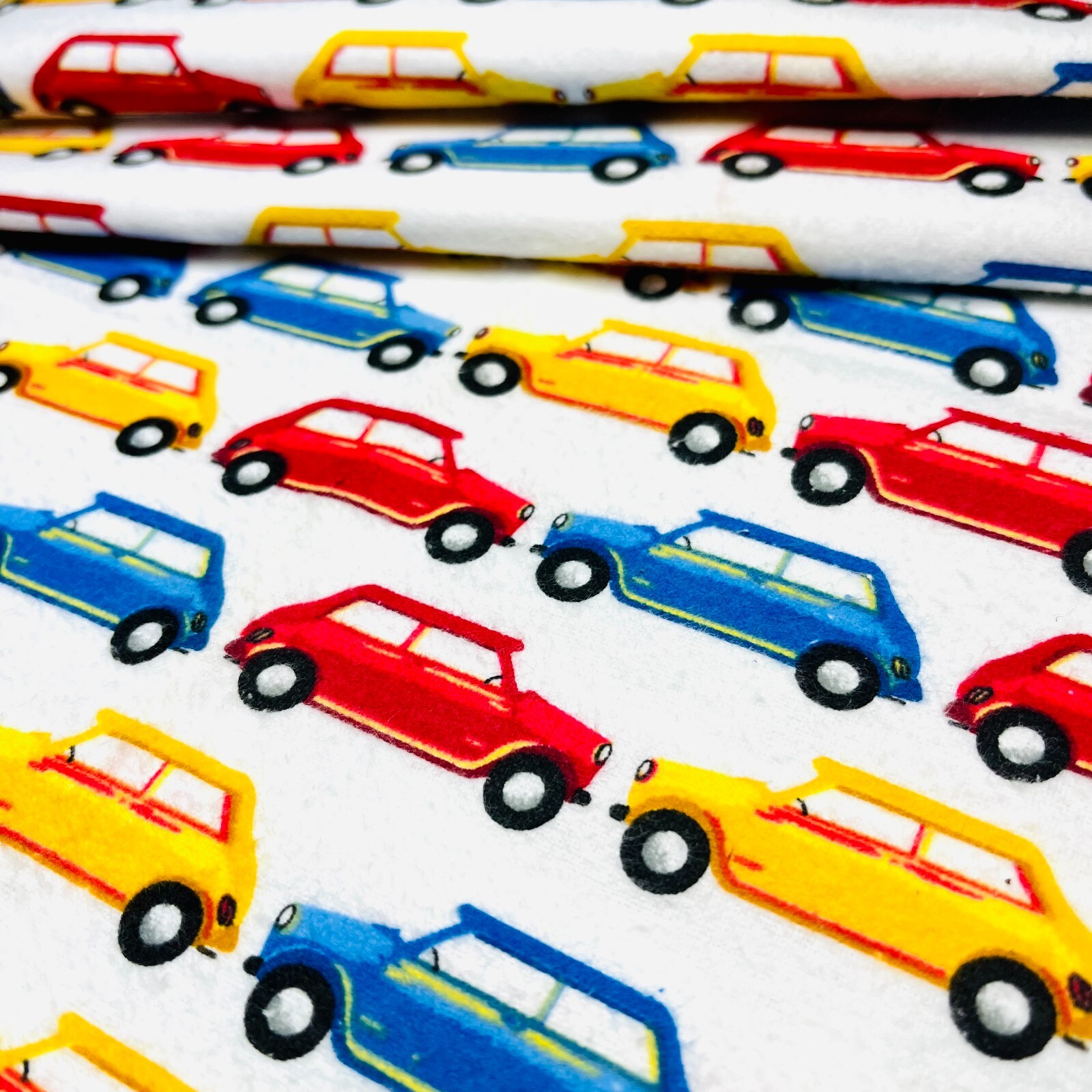 Automobiles Cars Flannel Fabric Red Blue Yellow Cars on White 1 YARD 100% Cotton