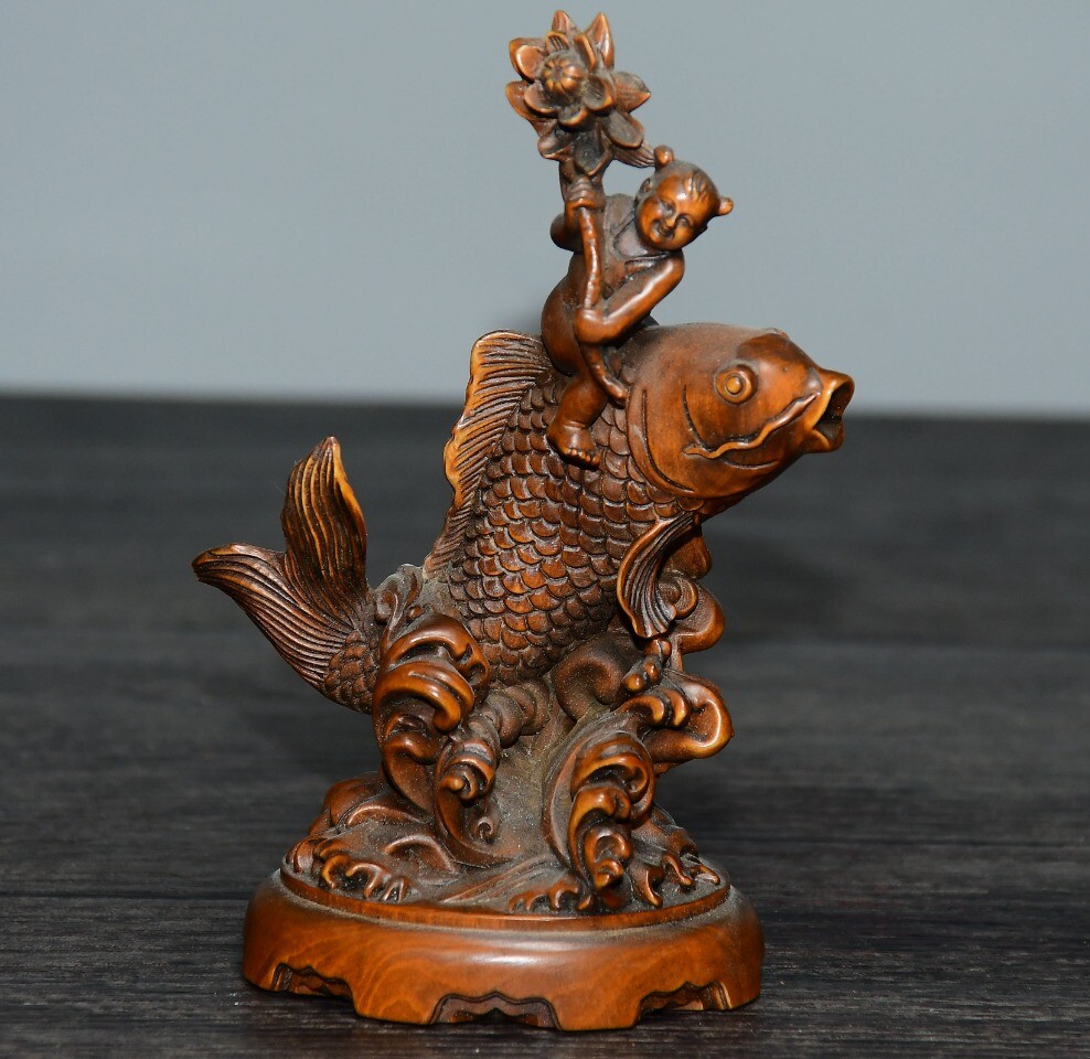4.5″ Collect Chinese Box-wood Carving Boy Ride Goldfish Statue