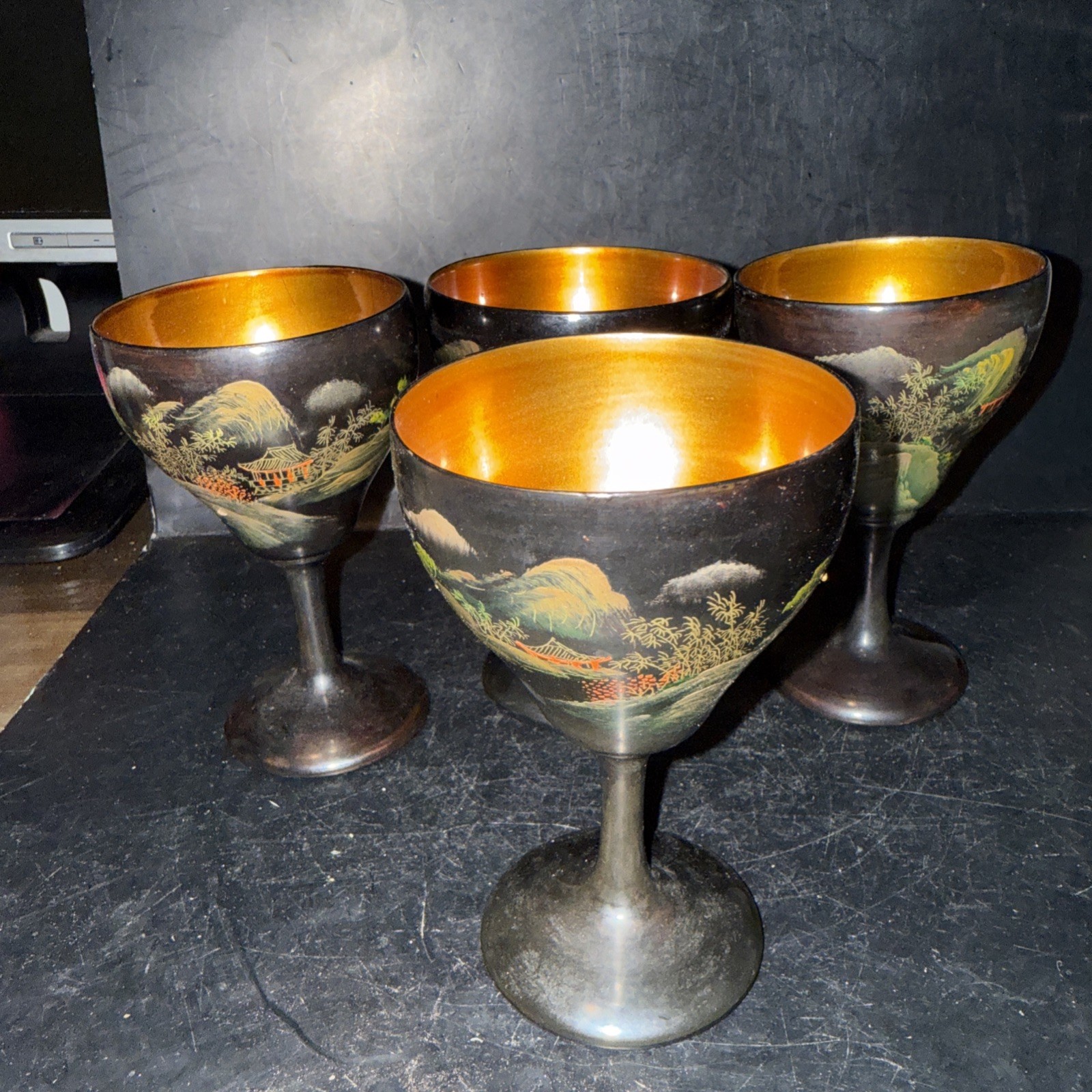 VINTAGE 1940s Chinese BLACK LACQUER Drinking Set With Tray