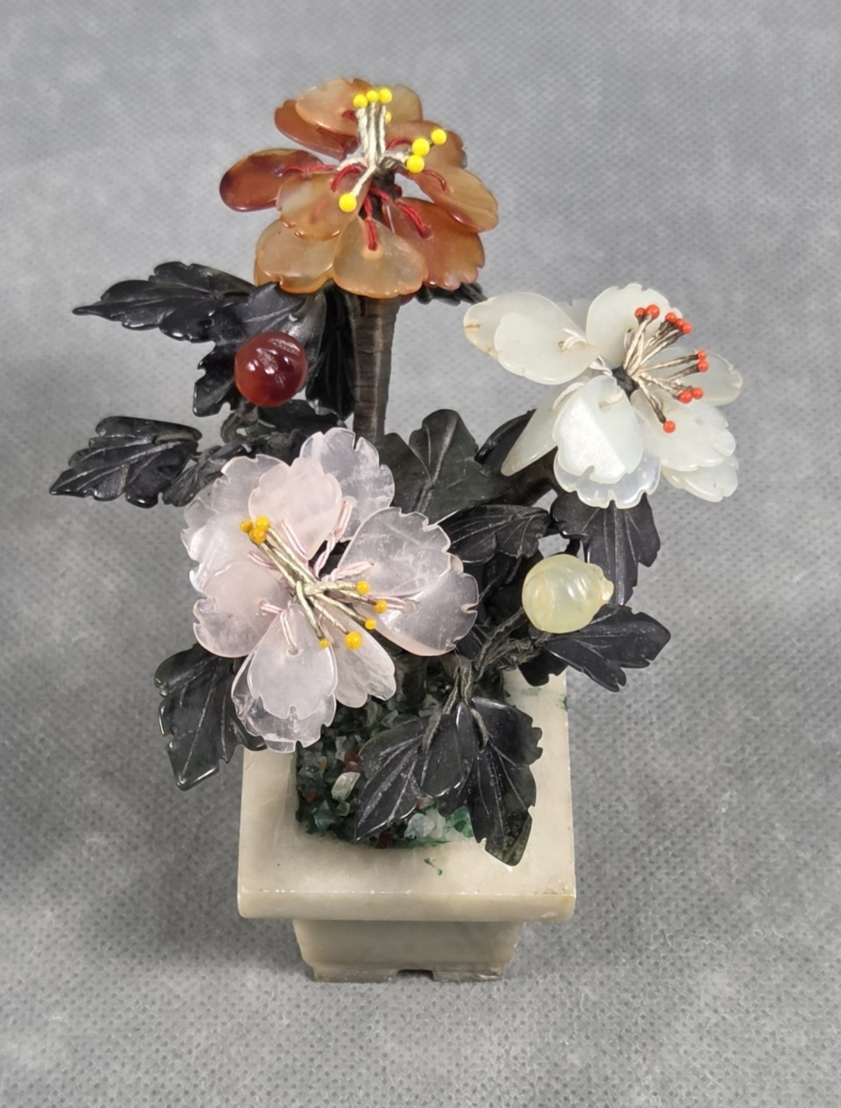 Vintage ASIAN Stone QUARTZ Glass FLOWER Carved POTTED Plant SMALL