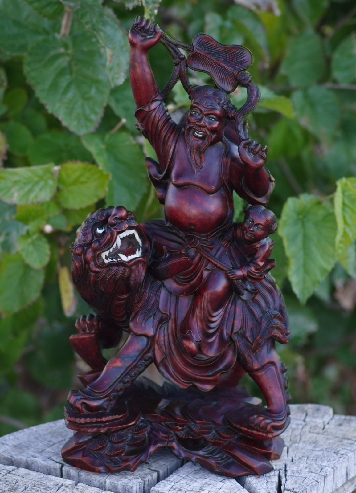 Boxwood Hand Carved Buddha Riding Foo Dog Large 16″ China 1950s MAGNIFICENT ART!