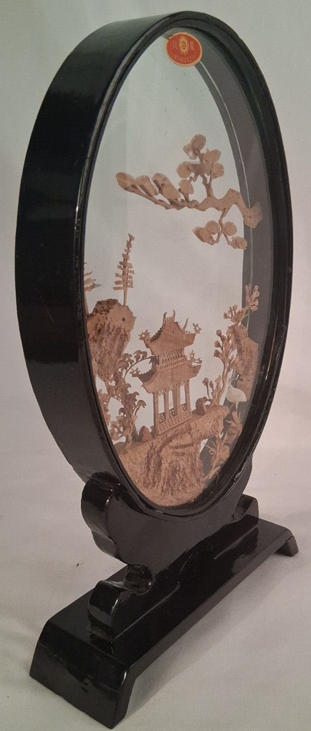 San You Chinese Carved Cork Diorama Glass Case Cranes Pagoda Trees 8 Inch