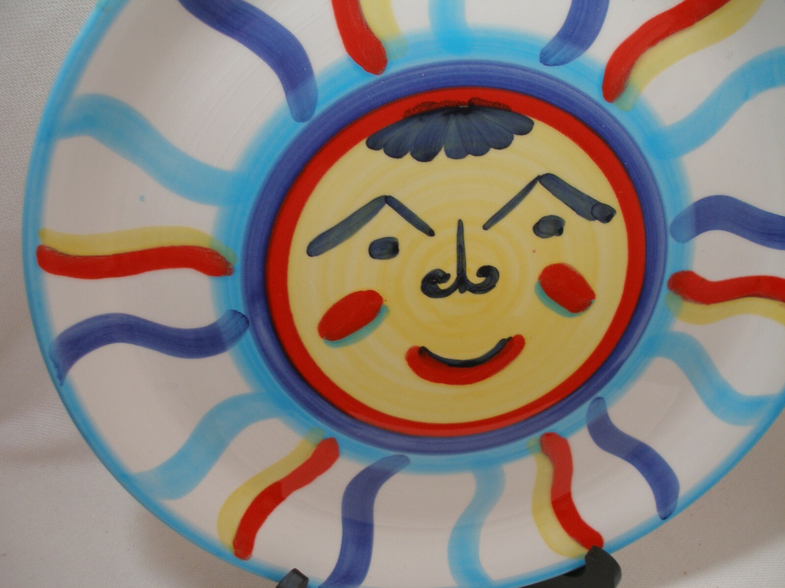 Colorful Decorative Plate Sunburst Ceramic Made in ITALY & Wood Stand Vintage
