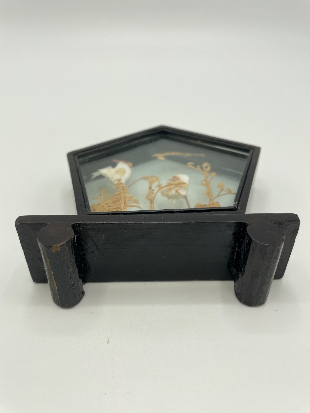 Vintage Chinese Diorama Cork Carving Hexagon Wooden Glass Case Roosters