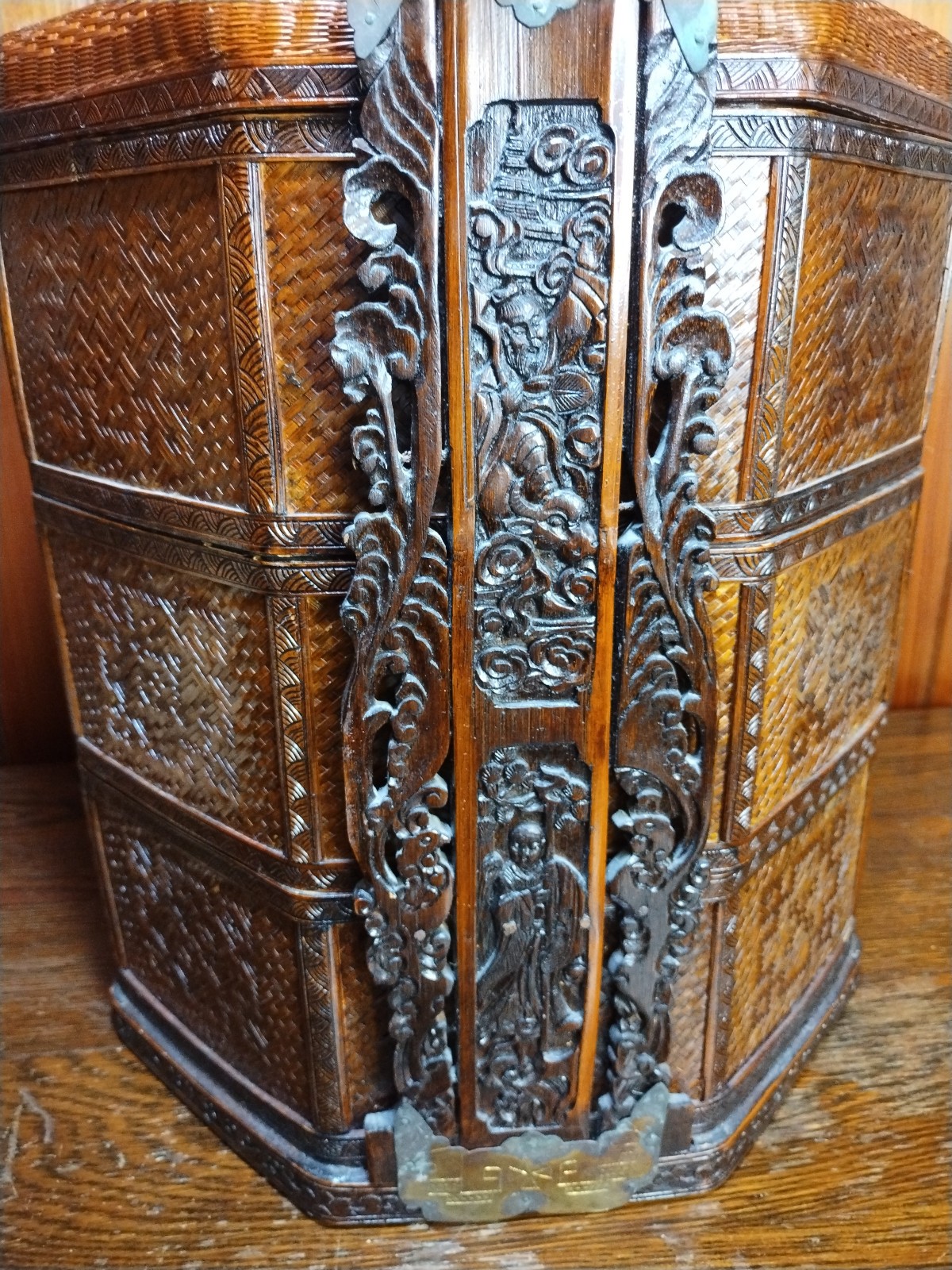 Wedding Basket Betrothal Wicker Chinese Lacquer Wood 3 Tier Octagon 20″ Tall