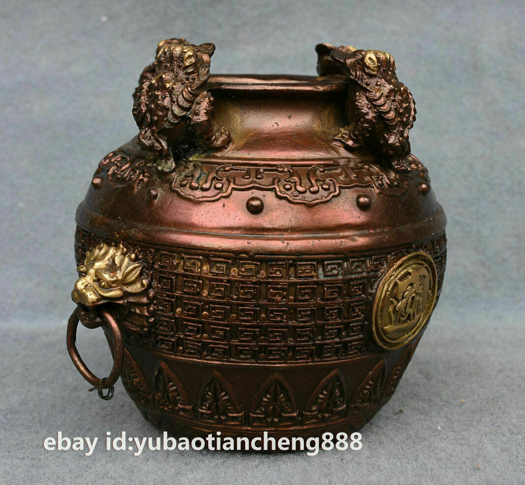 Chinese Folk Bronze Golden Toad Spittor wealth Beast Head Statue Tank Jug Jar