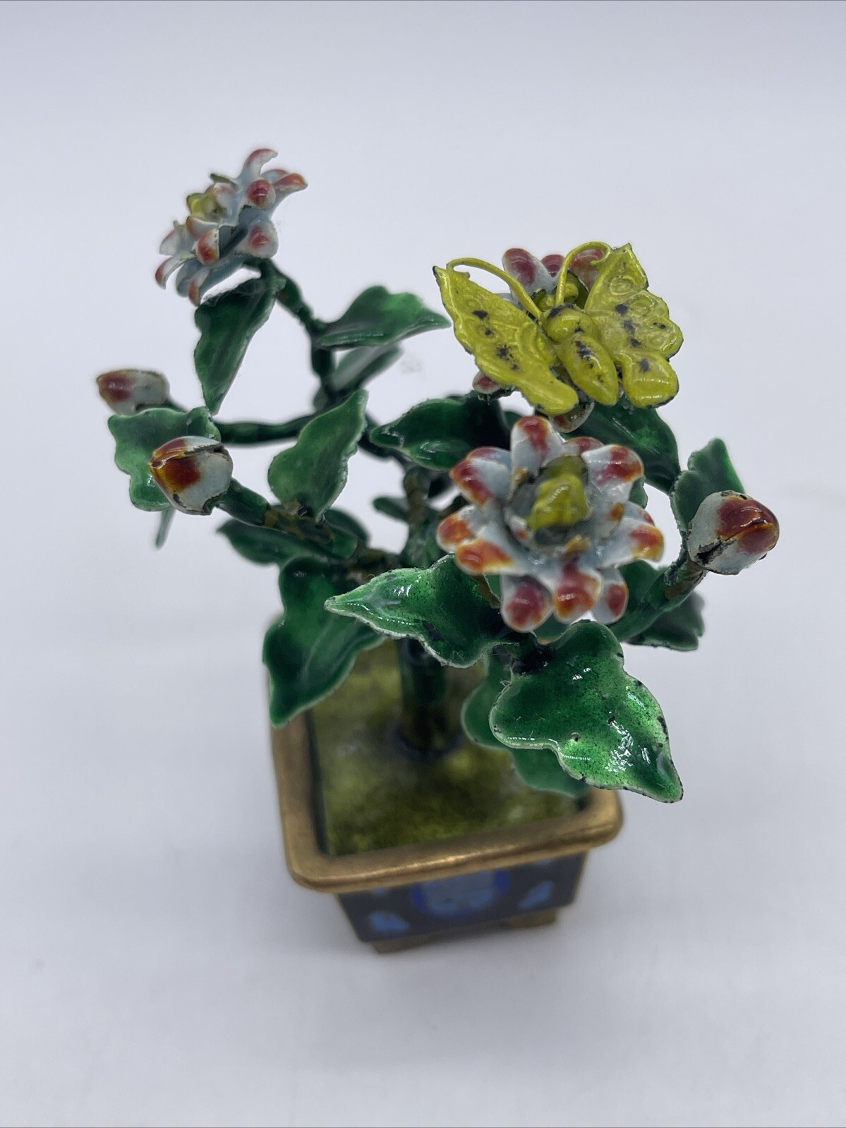 VINTAGE CHINESE METAL GUILLOCHE ENAMEL BONSAI TREE & FLOWERS with CLOISONNE POT