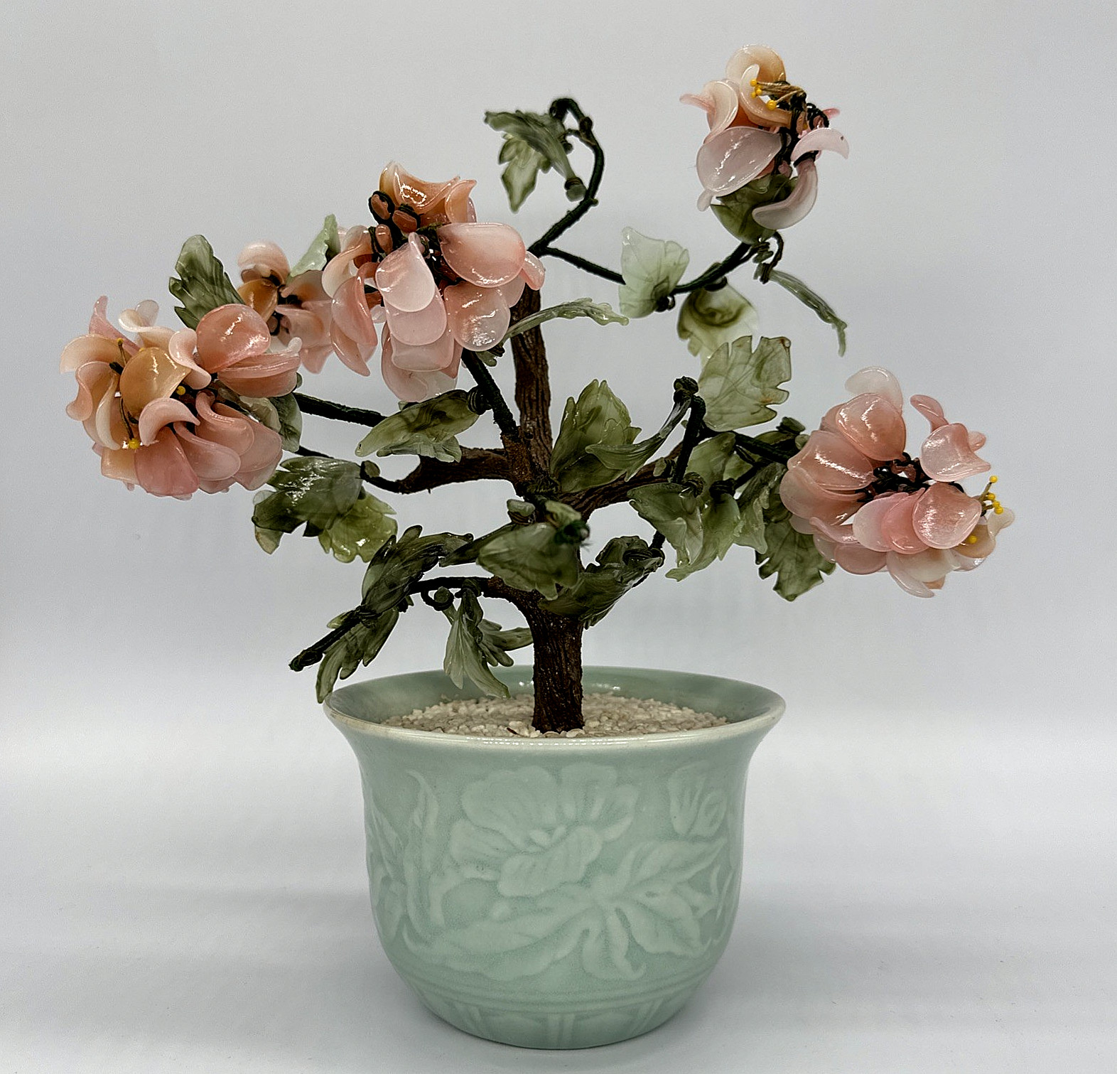 Vtg Chinese Jade Glass Cherry Blossom Bonsai Tree Pink Flower Celadon Pot 11×9.5