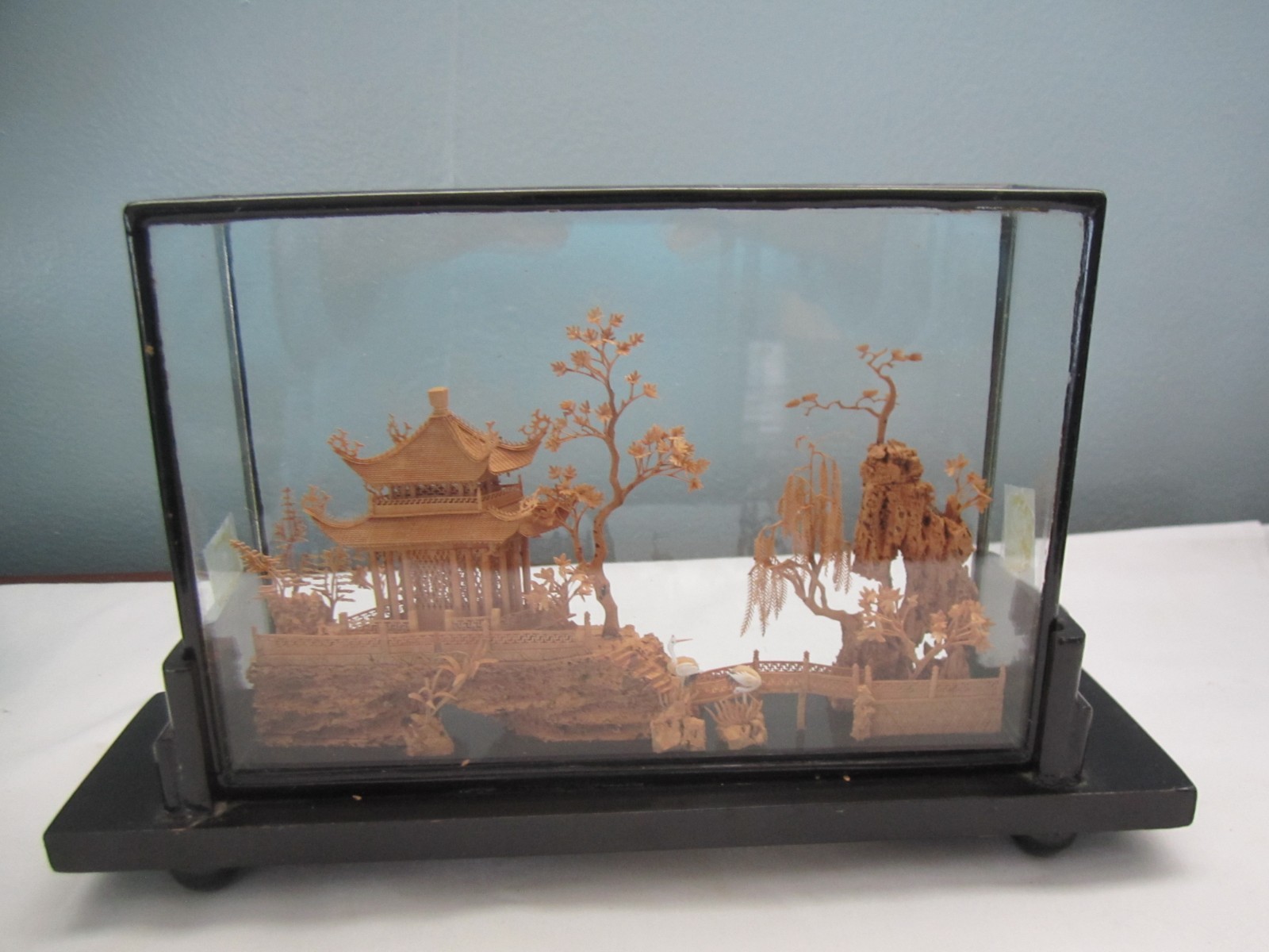 Vintage Hand-Carved Chinese Cork & Wood Diorama Encased In Glass & Wood Stand