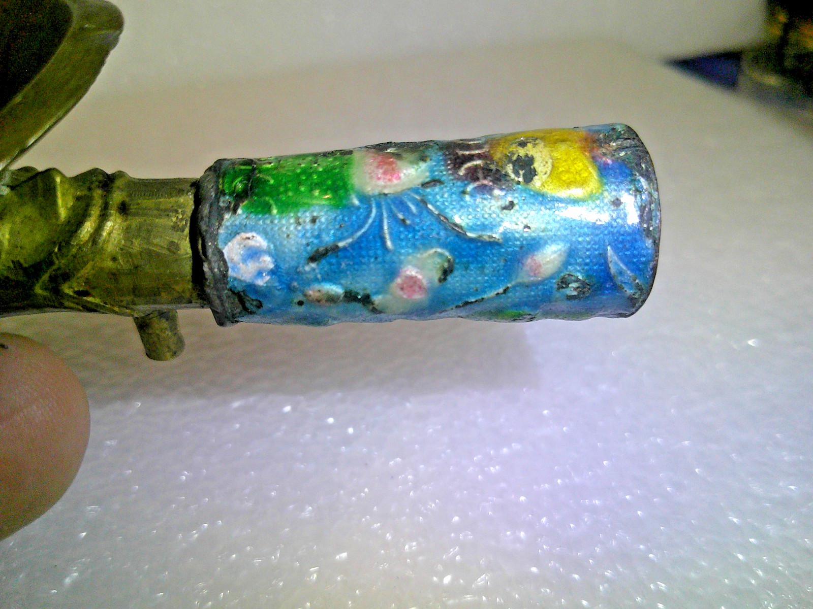 VINTAGE BRASS CHINESE CHARCOAL IRON ENAMEL HANDLE