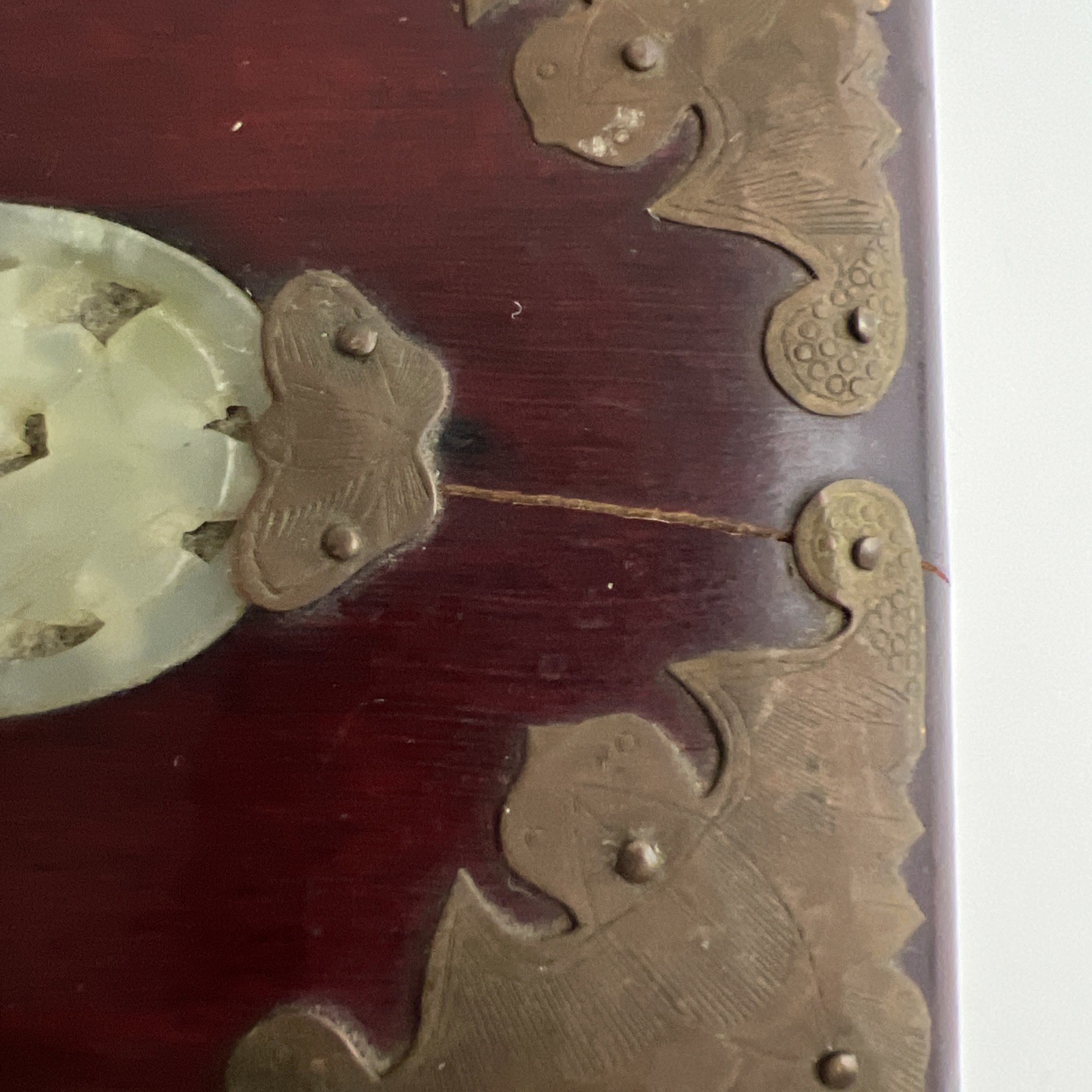 Rare Vintage Chinese Mahogany Jewel Box Chased Brass Accent Lock Jade Medallion