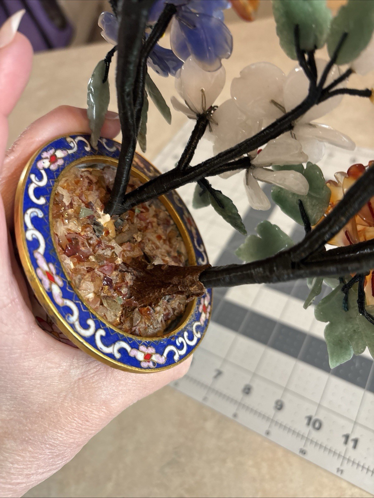 Chinese Jade , Quartz,Bonsai Tree in Round Footed Cloisonne Flower Pot – 9″ Tall