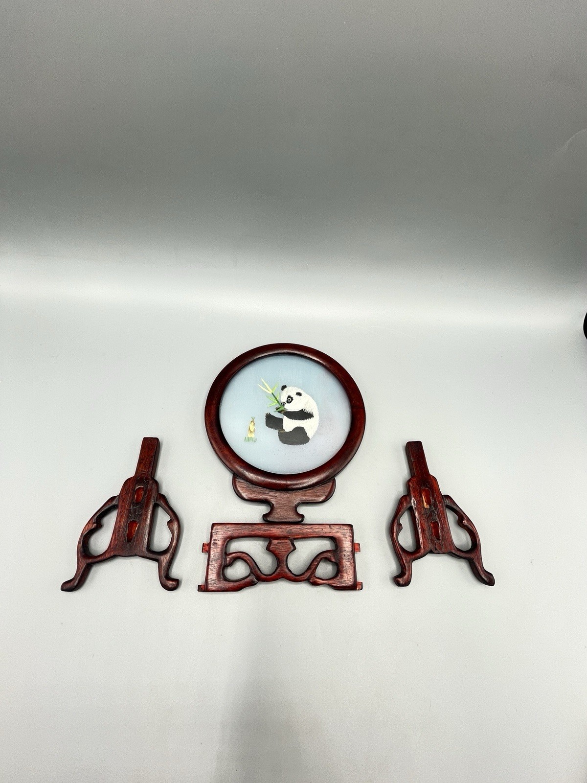 ASIAN Chinese Panda Double Sided Silk Embroidery Wooden Screen – Read