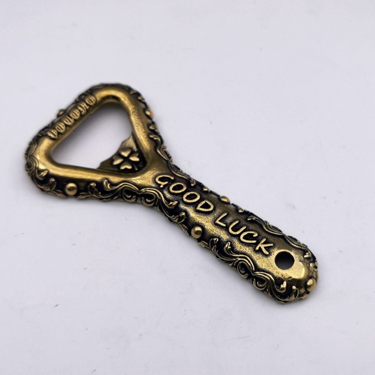 Vintage Brass Beer Bottle Opener Carved Good Luck Copper Opener