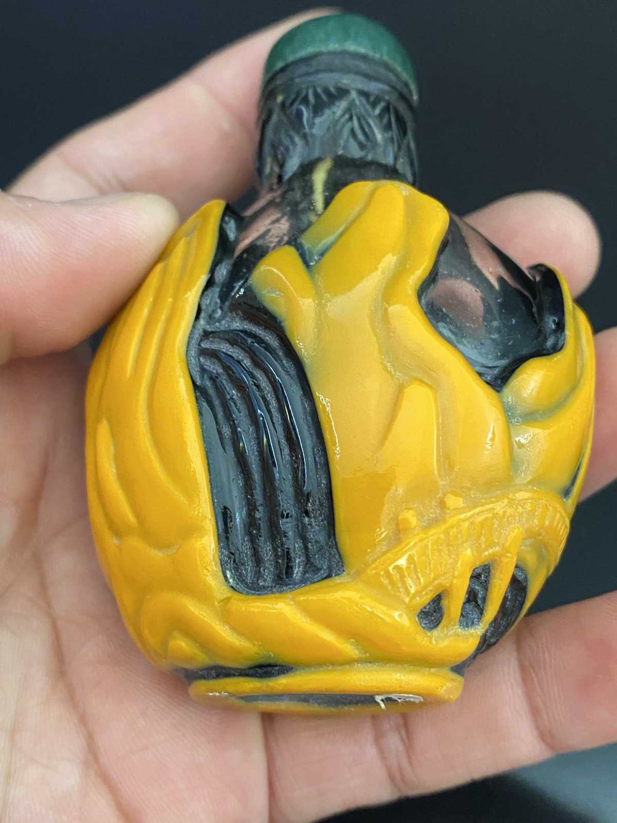 Antique Chinese Black Peking Glass Orange Overlay Snuff Bottle Jade Top