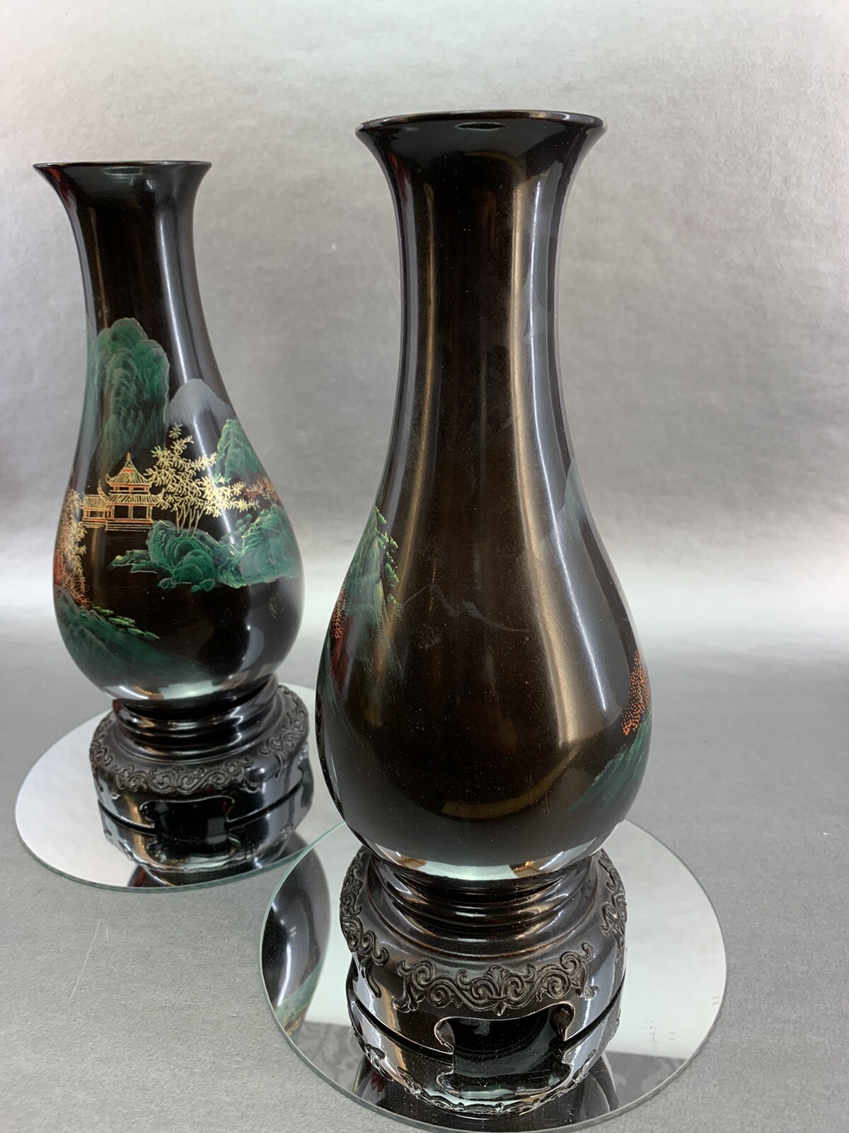 ONE Chinese Hand Painted Fuzhou Foochow Black Lacquerware 9” Vase Lacquer Asian
