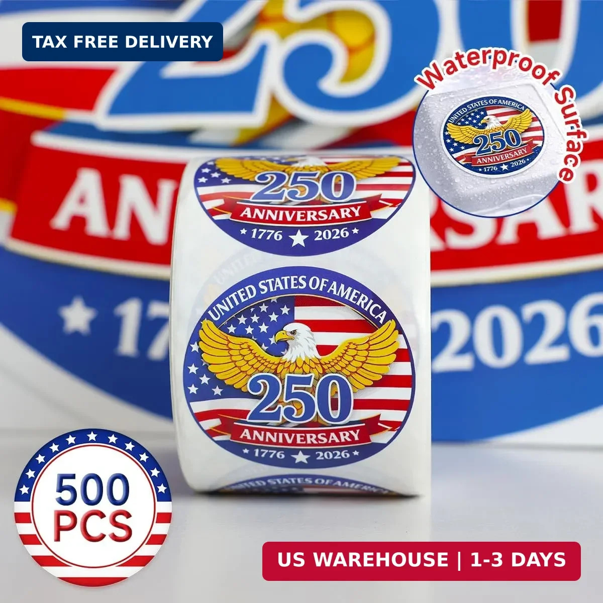 500 PCS 1.89″ Patriotic 250th Independence Anniversary Stickers Roll Round Ameri