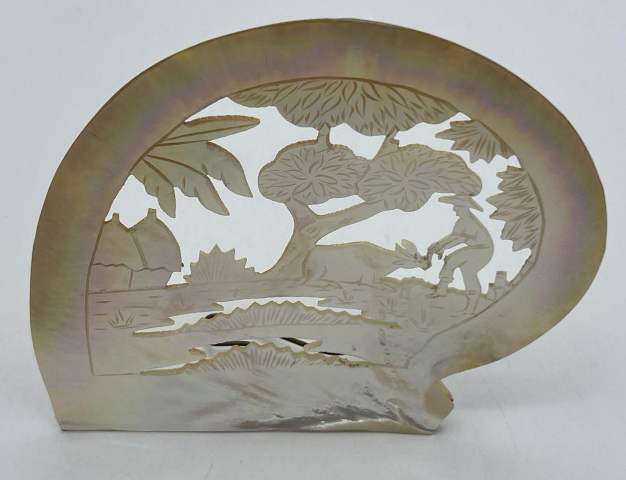 Carved Mother of Pearl Shell Asian Scene with Stand 6″ Tall