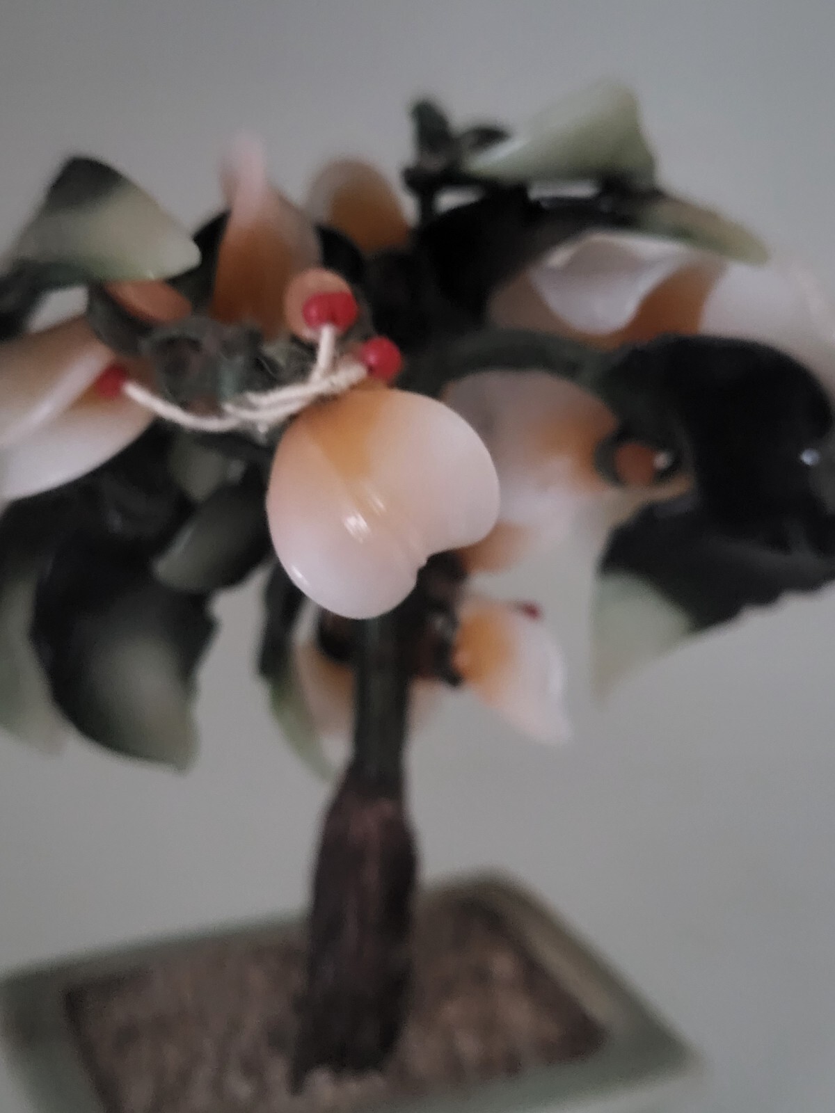 Vintage Glass/Jade Bonsai Tree Dark Green Leaves Peach Flowers Green Base