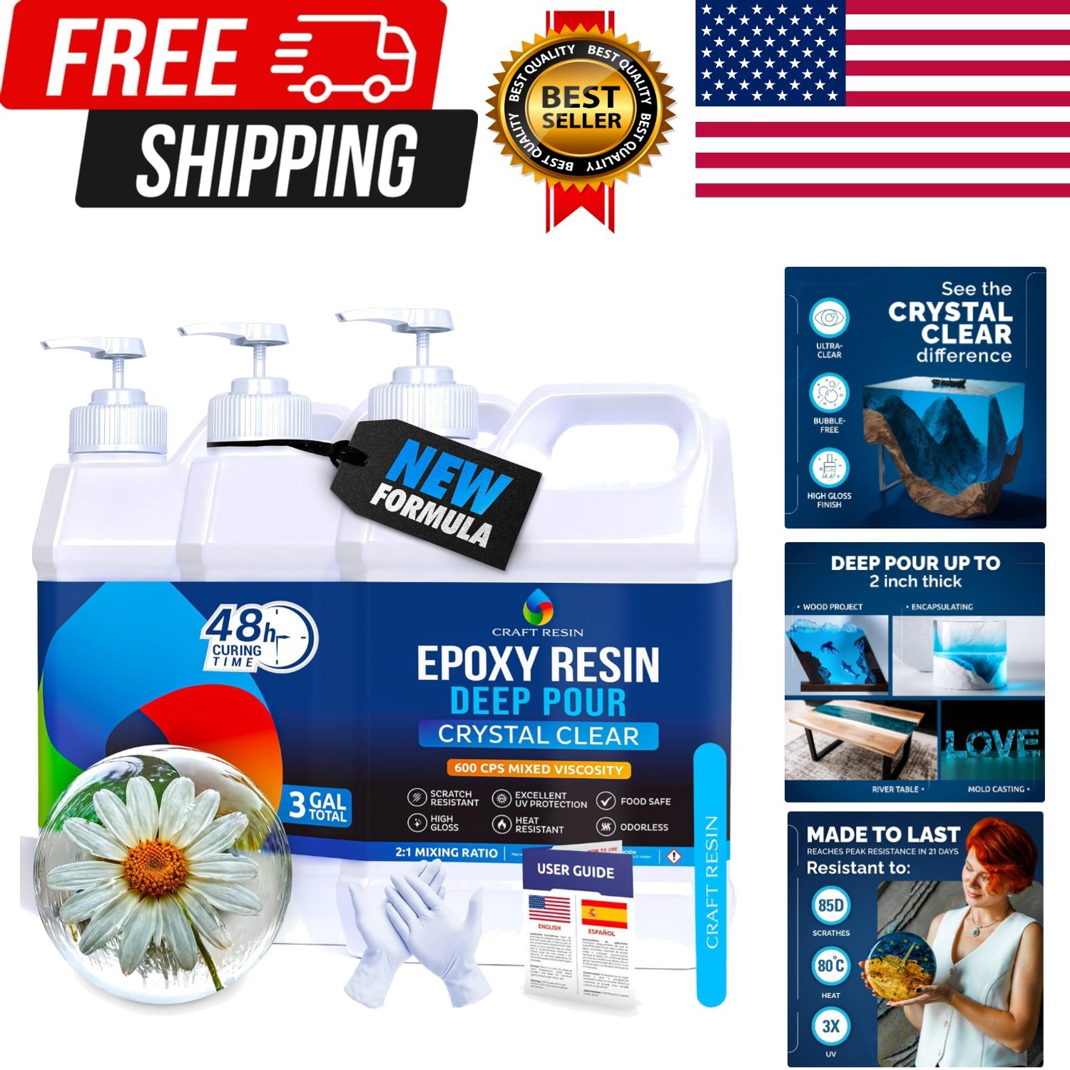 Deep Pour Epoxy Resin Kit 3 Gallon – for 2” Pours, Casting Resin Epoxy for Ri…
