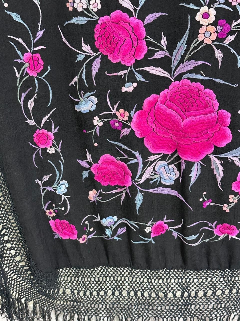 Antique Menton De Manila Silk Black Ground Multi Embroidery Piano Shawal,