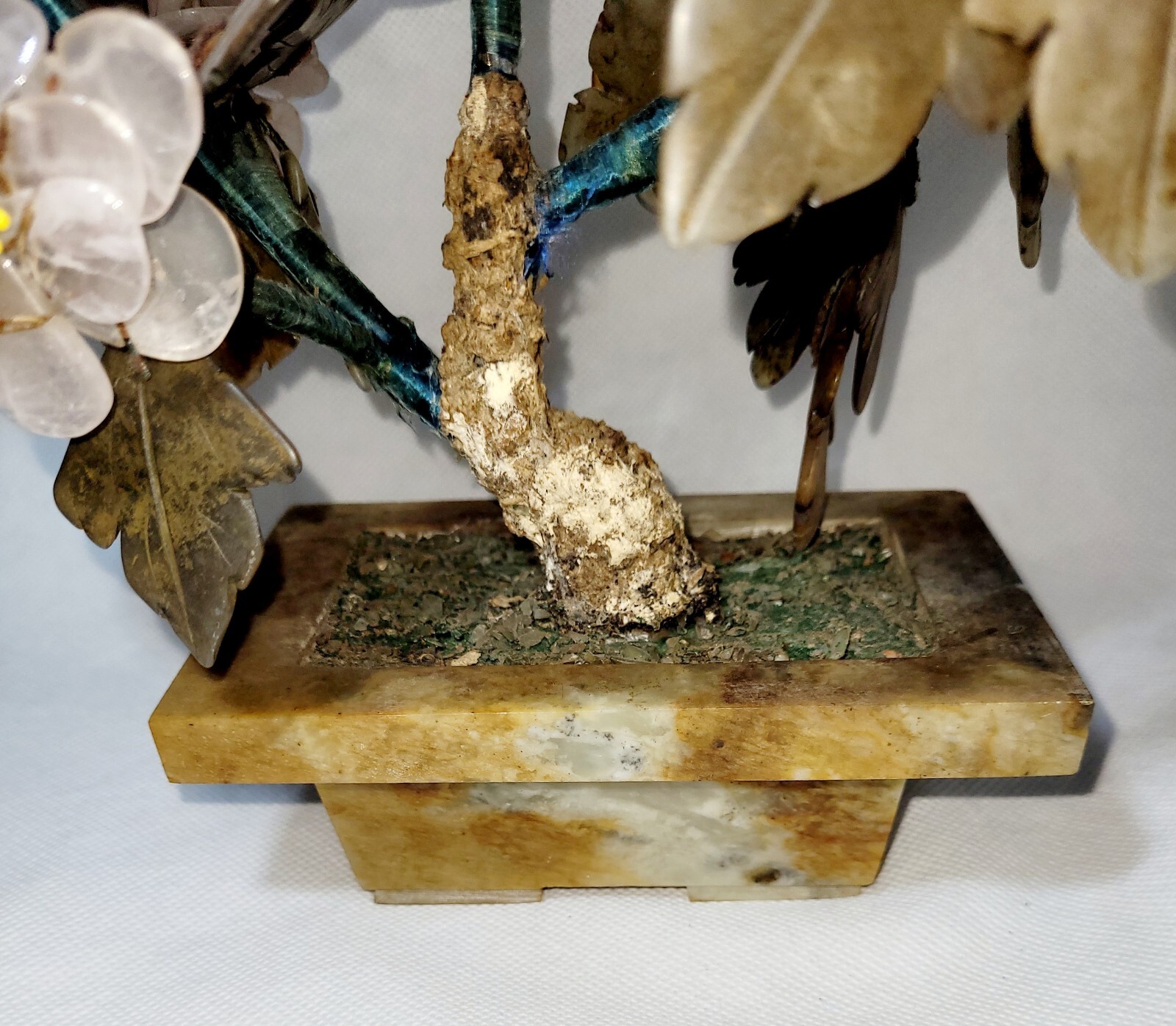 Vintage Chinese Jade/Rose Quartz/Carnelian Bonsai Tree With Brown Marble Base