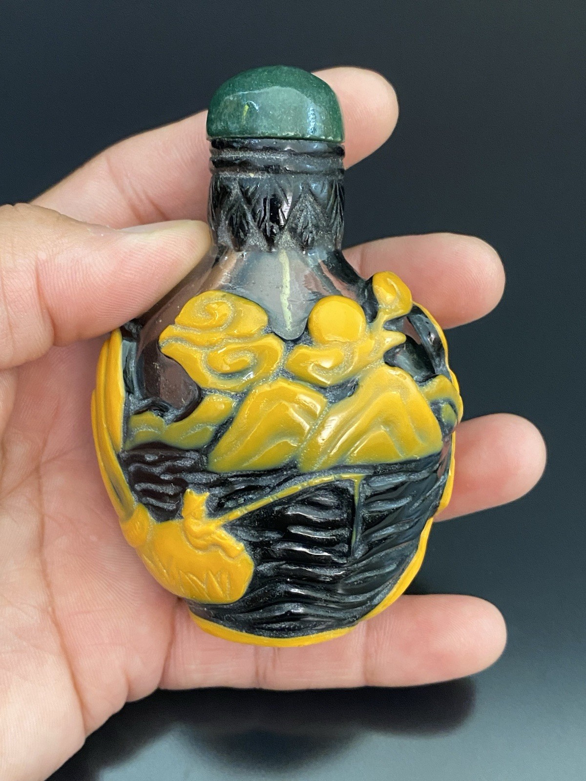 Antique Chinese Black Peking Glass Orange Overlay Snuff Bottle Jade Top