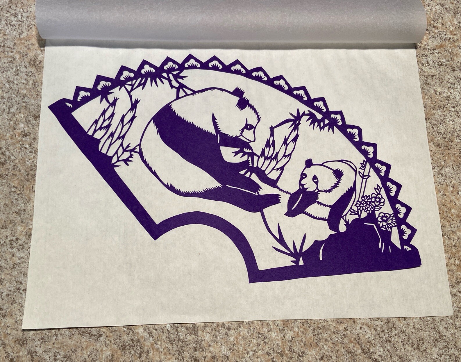 Chinese Folk Paper-Cuts, Fan Shape Panda Bears