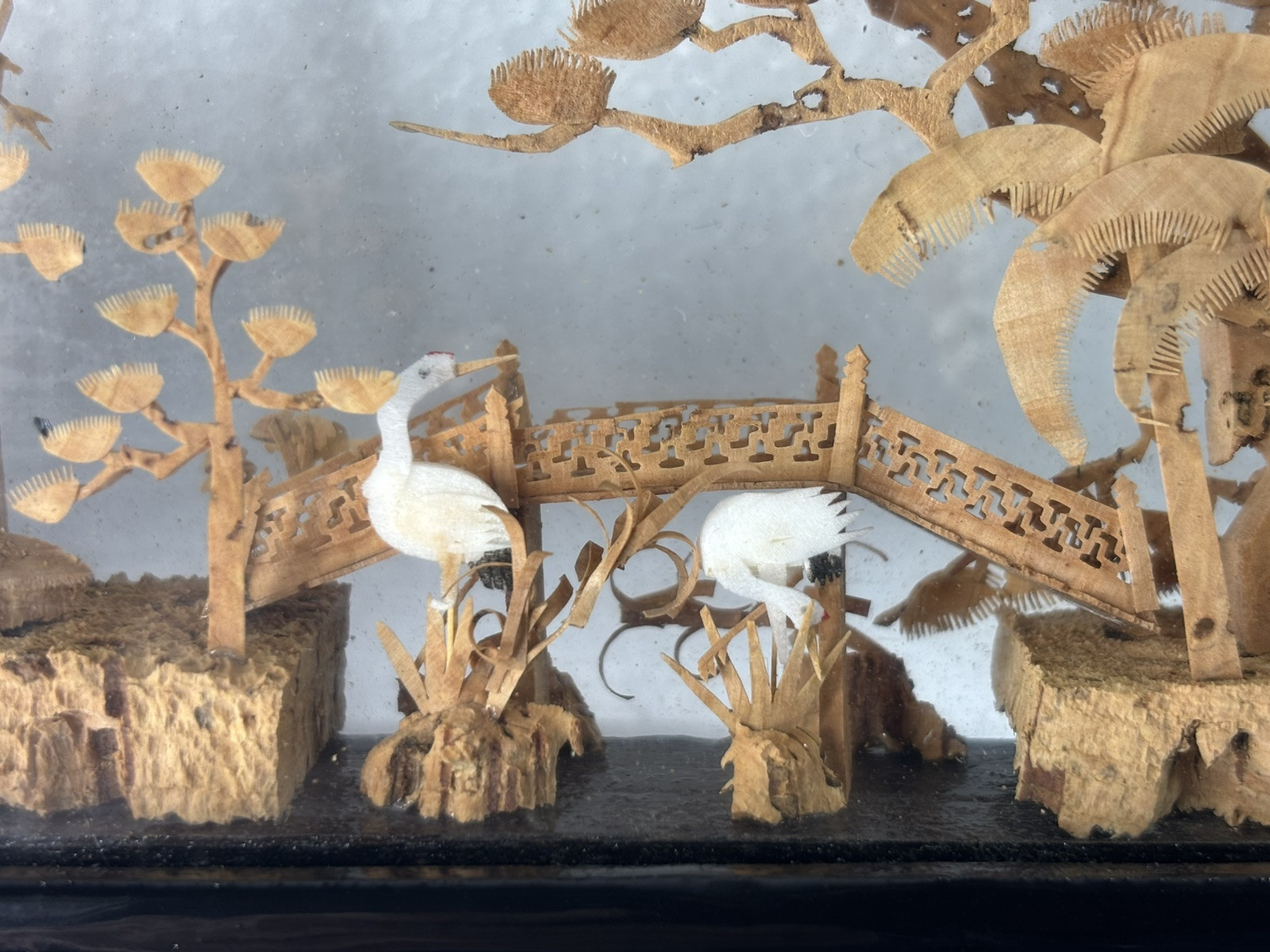Vintage Hand-Carved Chinese Cork & Wood Diorama Encased In Glass & Wood Stand