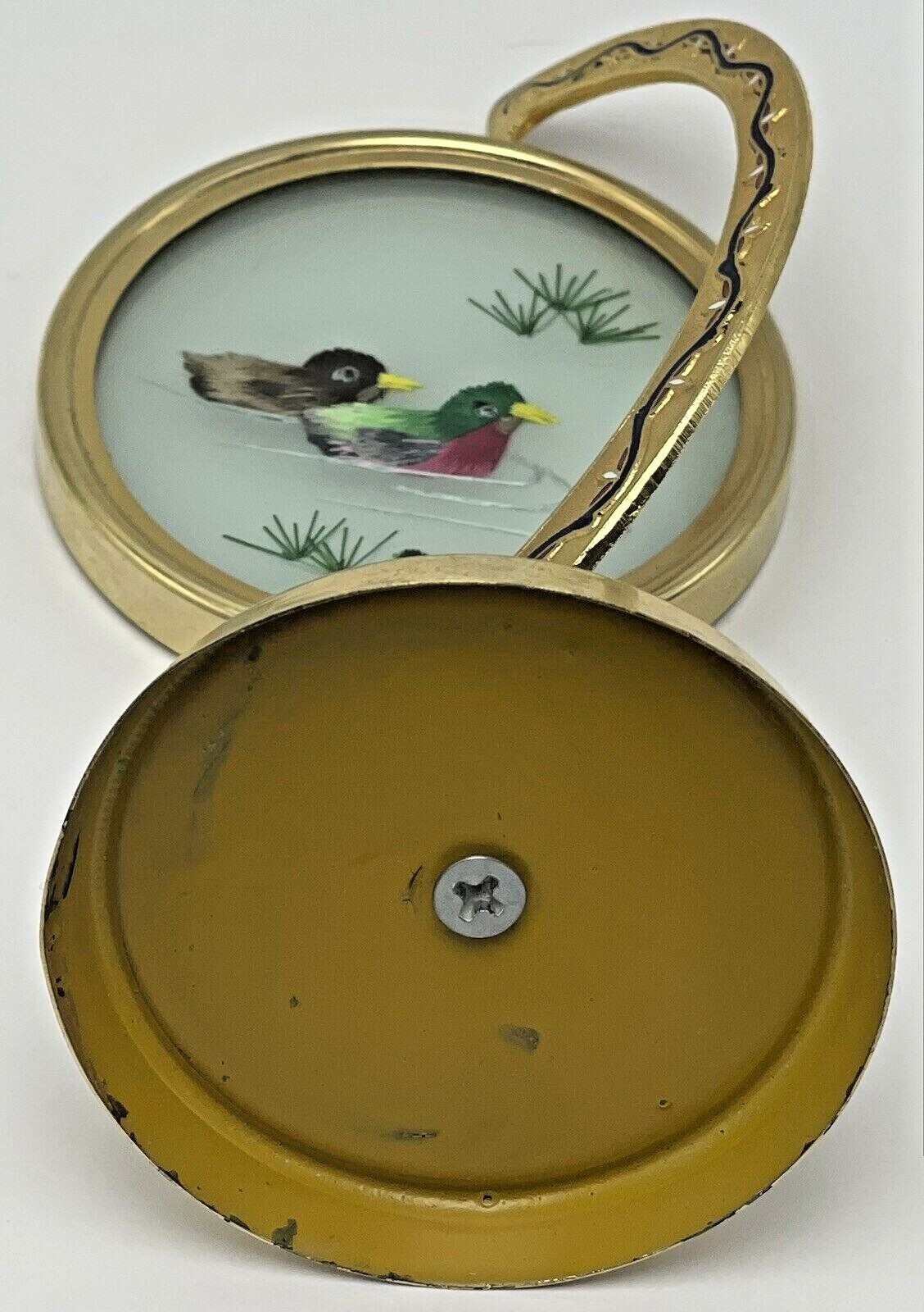 Asian Embroidered Silk Ducks in Brass Cloisonne Rotating Frame Painted Enamel